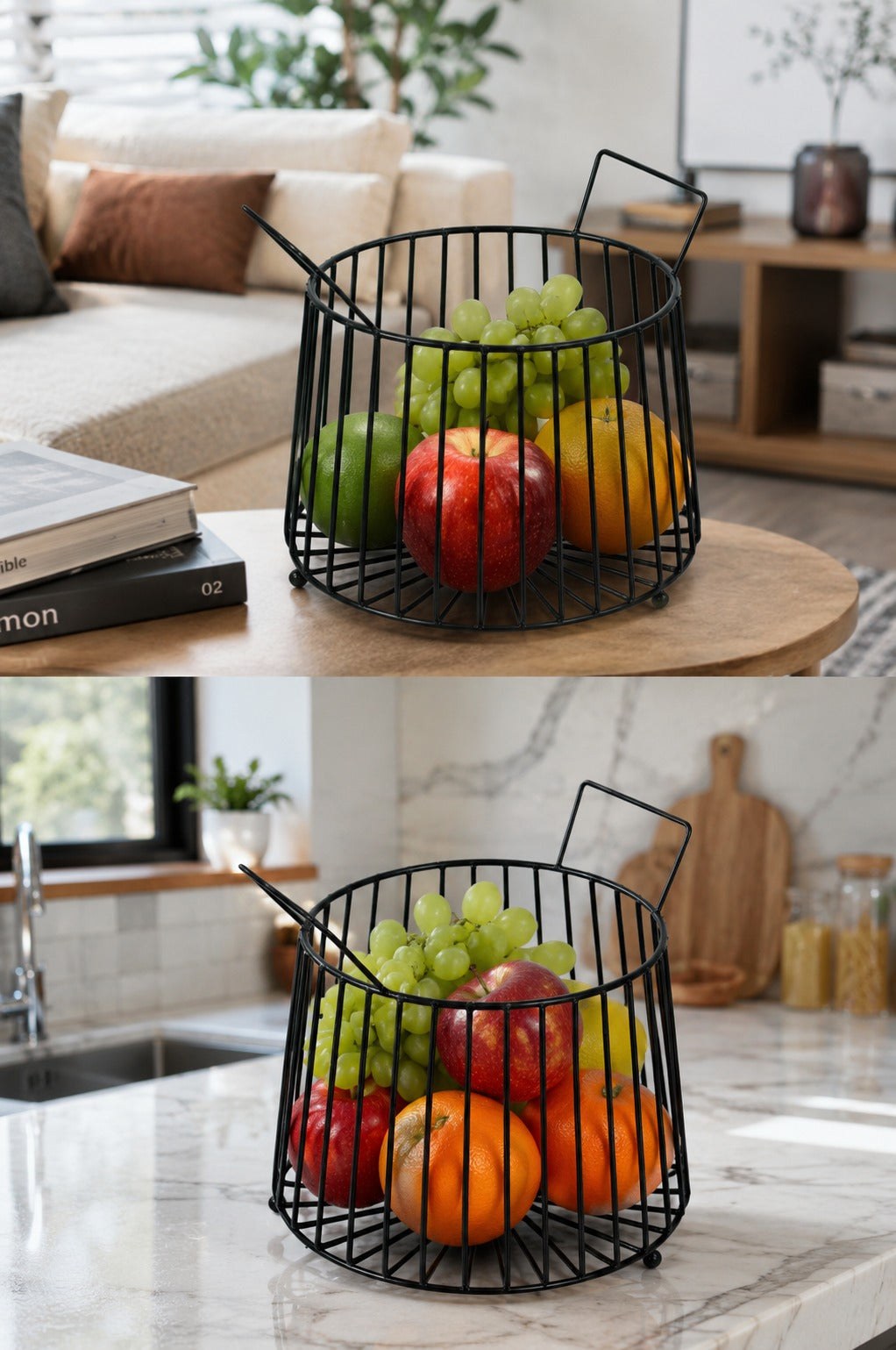 Modern Metal Fruit Basket | Round Wire Storage Basket with Handles | Decorative Kitchen & Dining Table Organizer