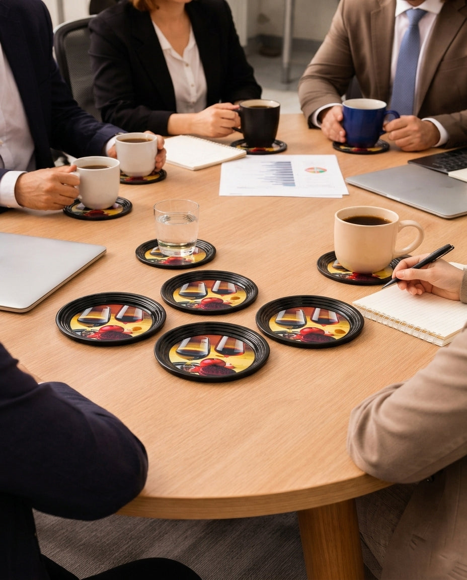 Resin Coated Metal Coaster Set of 6 with Stand | Wine Theme Black Tea Coffee Coasters | Waterproof Heat Resistant Table Coasters