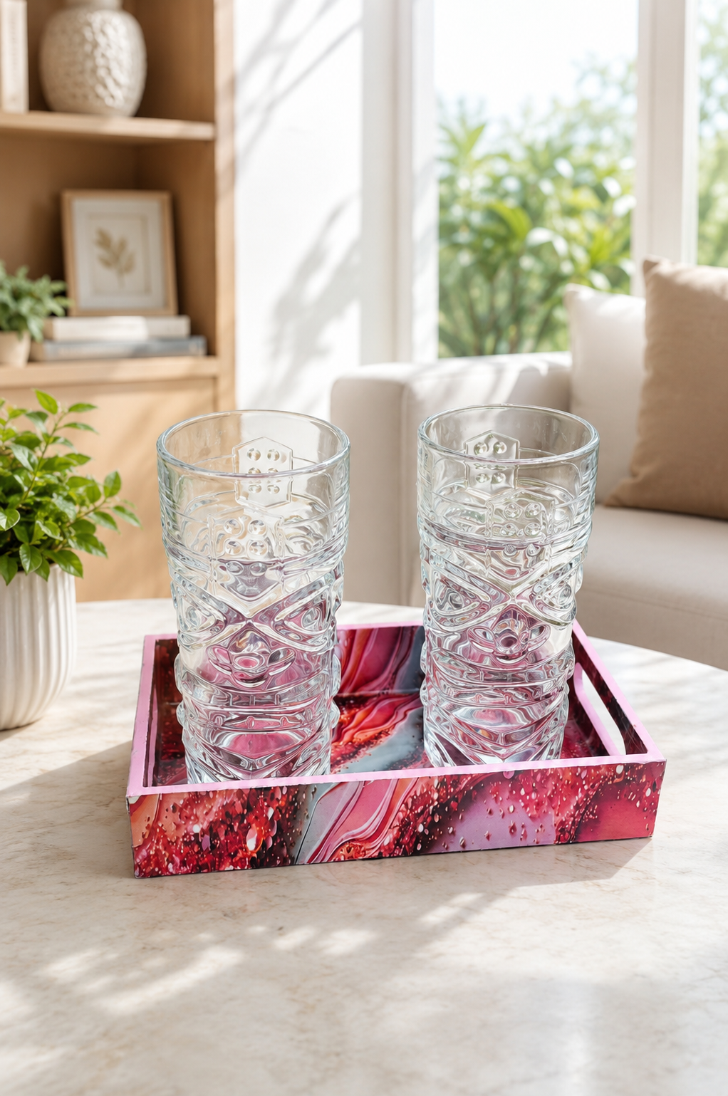 Premium Beer Glass Set with Decorative MDF Serving Tray | 2 Crystal Clear Tall Beer Glasses with Marble Finish Tray | Heavy Drinking Glasses for Beer, Juice, Soft Drinks & Home Bar Gift Set