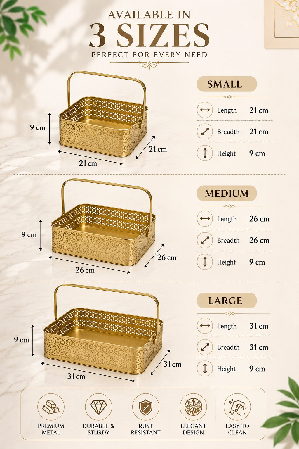 Premium Golden Metal Basket Set of 3 with Handle | Large, Medium & Small Multipurpose Storage Baskets | Gift Hamper, Fruit Basket, Kitchen Organizer, Vanity & Home Decor | Gold Finish