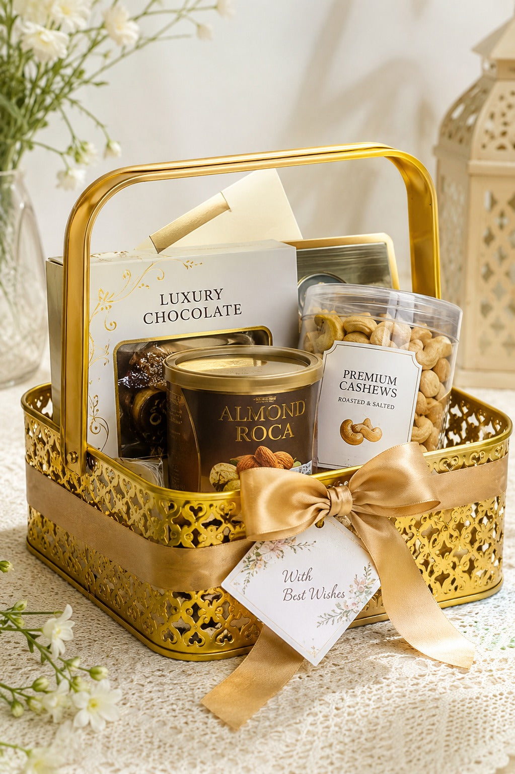 Premium Golden Metal Gift Basket with Handle | Large Decorative Storage Basket | Multipurpose Fruit Basket, Dry Fruit Hamper, Pooja Basket & Home Organizer
