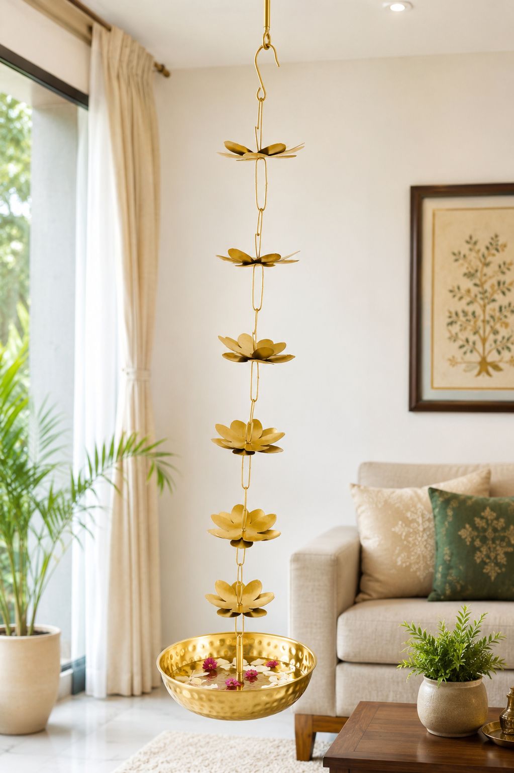 Premium Hanging Lotus Urli Bowl with Decorative Flower Chain | Handcrafted Metal Floating Flower Bowl for Water, Candles & Tea Lights | Hanging Urli for Diwali, Pooja, Wedding & Home Décor