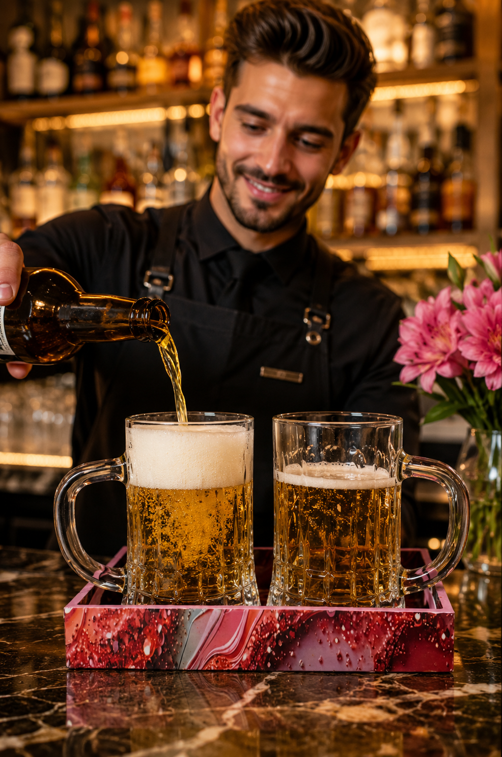 Premium Beer Mug Set with Decorative MDF Serving Tray | 2 Crystal Clear Glass Beer Mugs with Marble Finish Tray | Heavy Handle Beer Glasses for Beer, Juice, Soft Drinks & Home Bar Gift Set