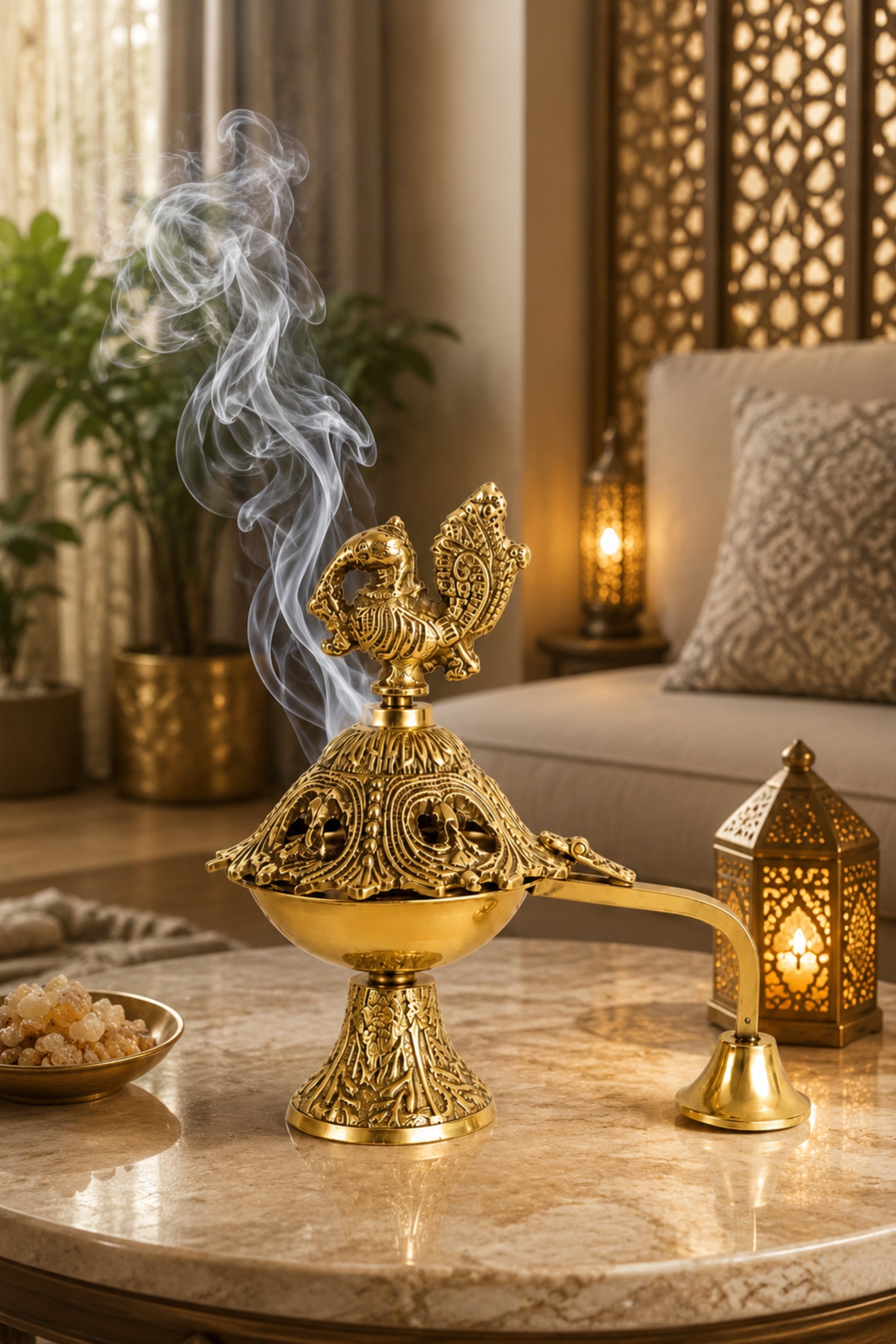 Premium Peacock Brass Incense Burner with Handle | Handcrafted Brass Dhoop Dani for Sambrani, Loban, Dhoop Cups & Resin Incense | Decorative Pooja Dhuni Burner for Home & Temple