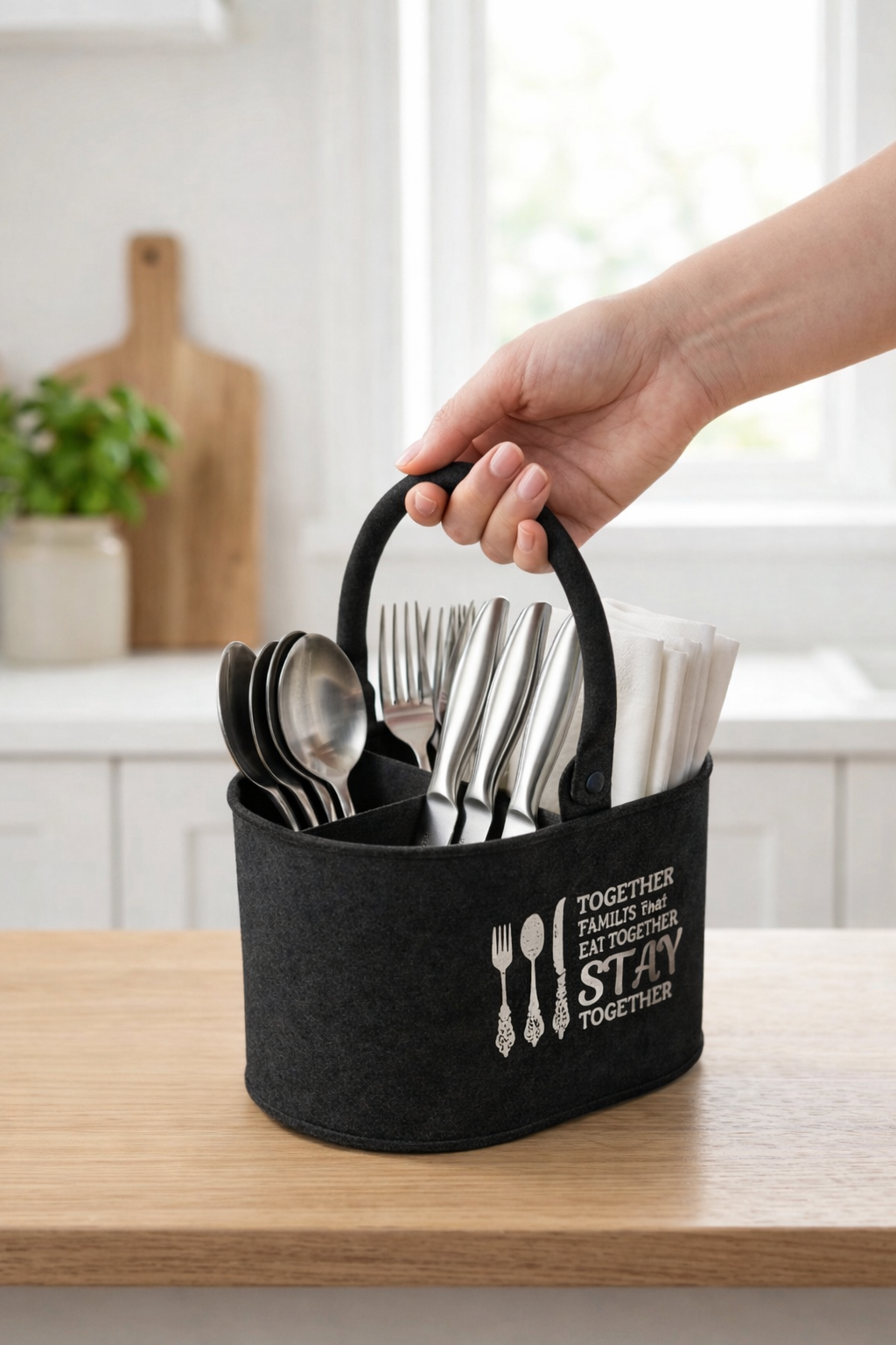 Premium Metal Cutlery Holder with Handle | 4 Compartment Utensil Caddy Basket Organizer | Portable Spoon, Fork, Knife & Napkin Stand for Kitchen, Dining Table & Home Storage