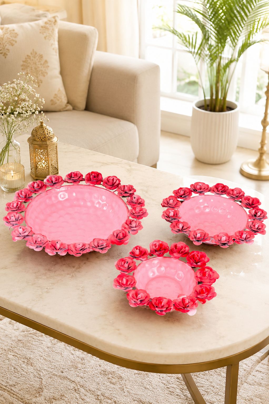 Decorative Metal Urli Bowl Set with Rose Border | Floating Flower & Candle Urli for Home & Festival Decor (Set of 3, Pink)