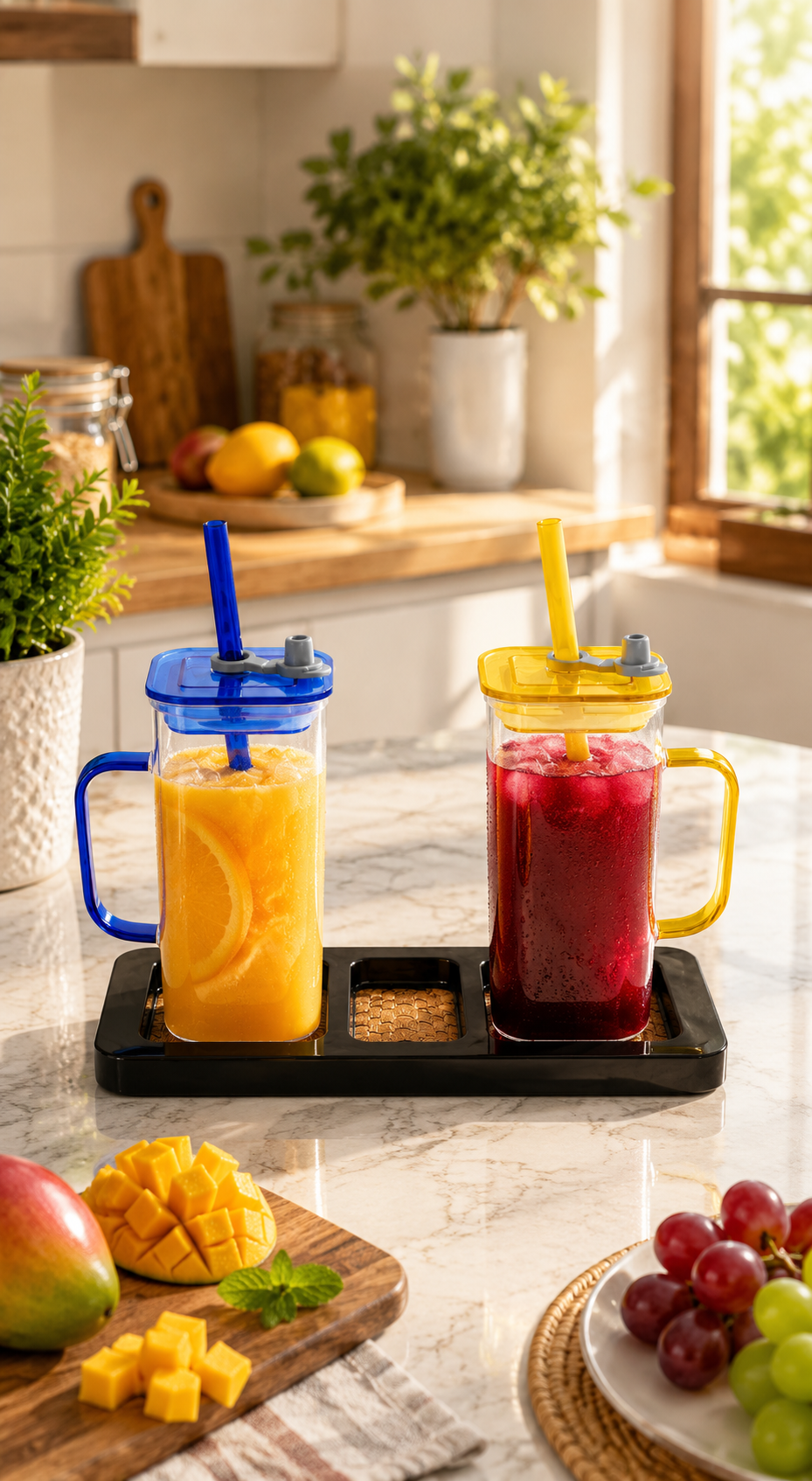 Double Wall Juice Glass Set Of 2 With Lid & Straw With MDF Serving Tray | Square Transparent Drink Glasses For Juice Water Cold Coffee Smoothies