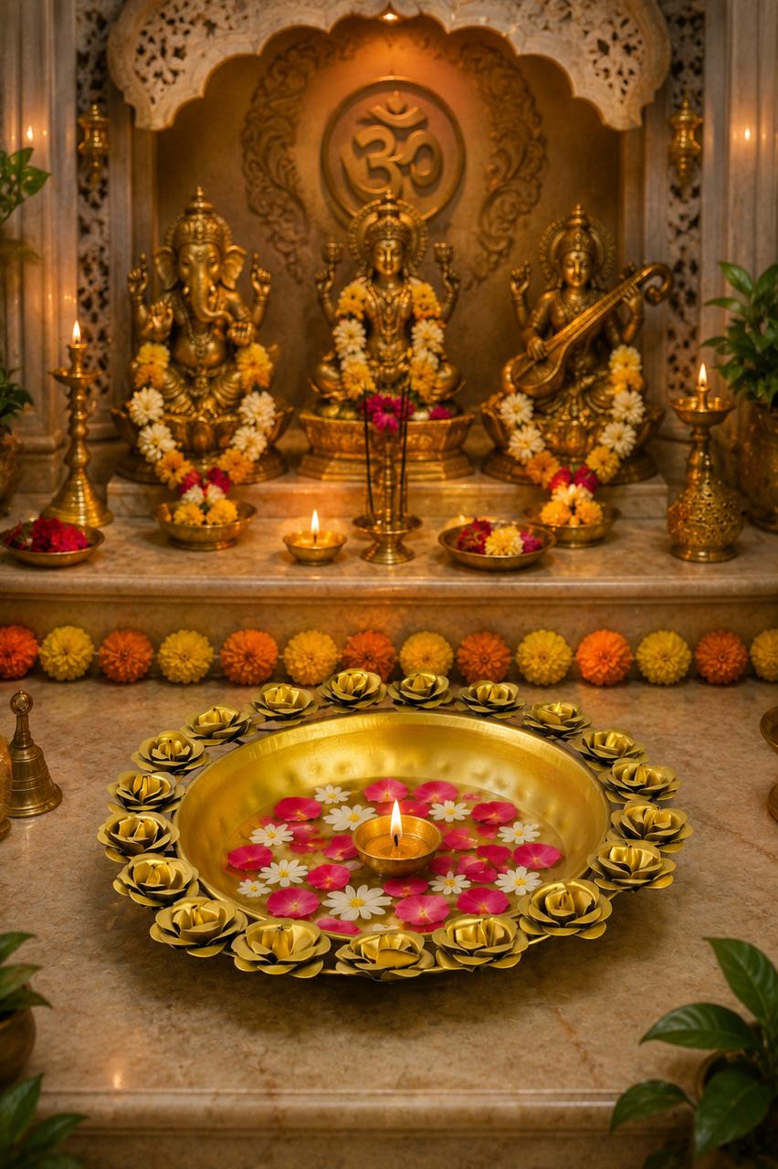 Premium Metal Urli Bowl with Rose Diya Holders | Decorative Floating Flower Urli for Water, Candles & Tea Lights | Traditional Pooja Urli for Diwali, Home Décor, Wedding & Festive Decoration