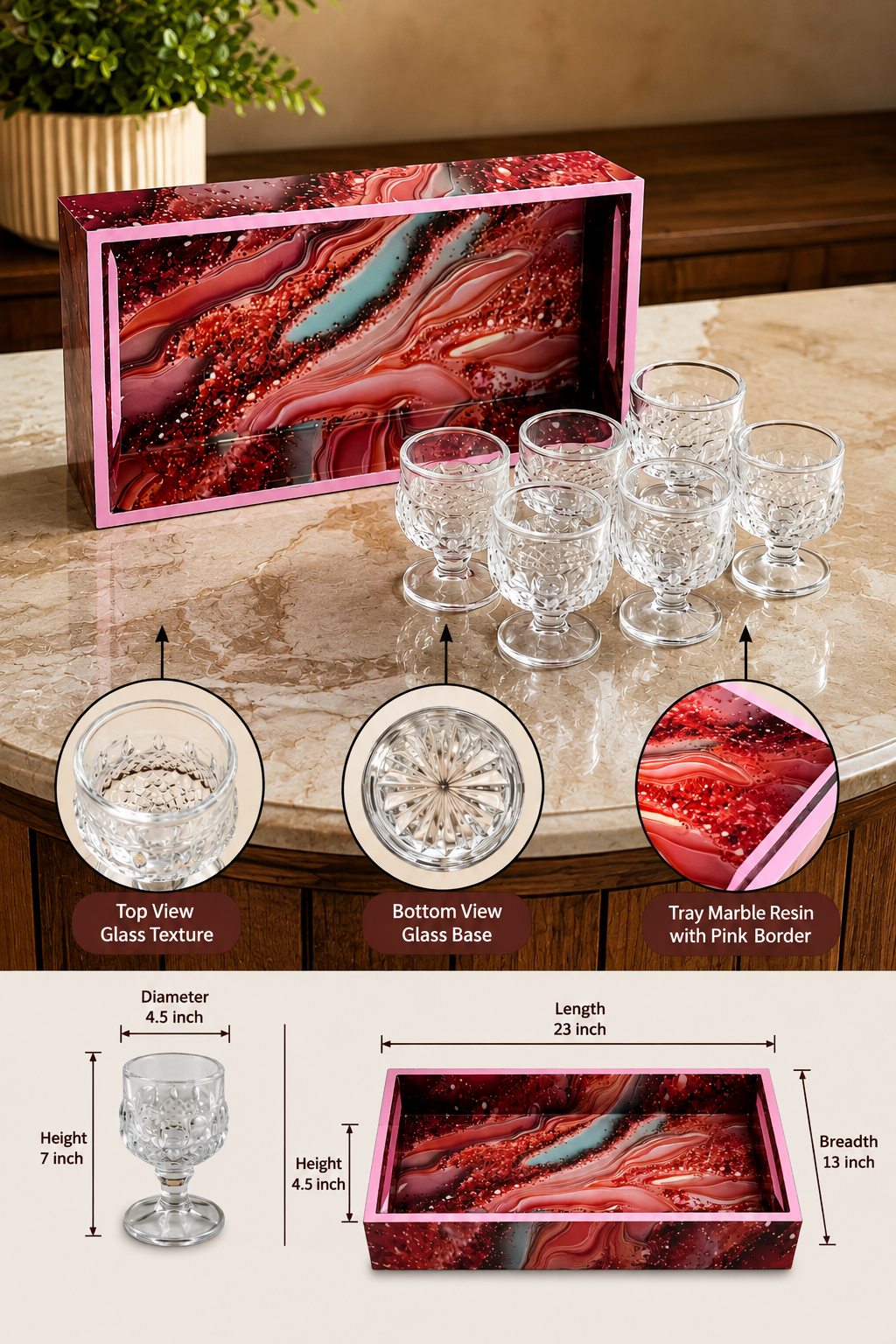 Premium Designer Shot Glass Set with Resin Serving Tray | 6 Crystal Clear Heavy Base Shot Glasses for Whiskey, Vodka, Tequila, Rum, Liqueur & Espresso Shots | Elegant Barware Gift Set for Home Bar