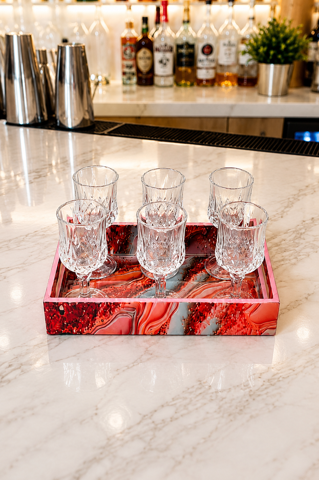 Premium Shot Glass Set Of 6 With MDF Resin Tray | Clear Designer Liqueur Glasses For Vodka, Whiskey, Tequila & Cocktails | Barware Set For Home & Parties