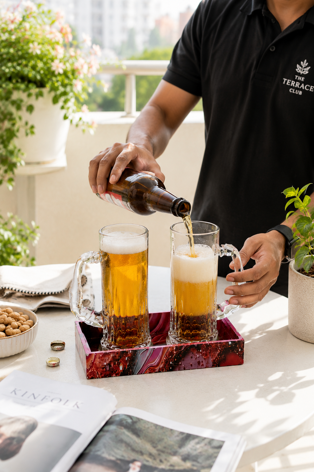 Premium Beer Mug Glass Set with Decorative MDF Serving Tray | 2 Crystal Clear Heavy Beer Mugs with Resin Art Tray | Large Glass Beer Mugs for Beer, Juice, Coffee & Home Bar Gift Set