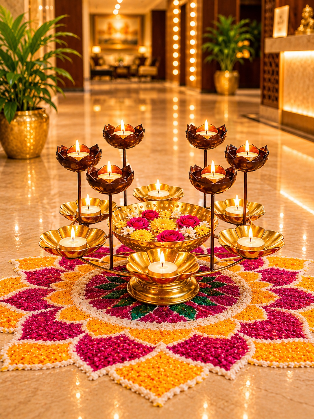 Premium Lotus Urli Bowl with Elevated Tea Light Holders | Decorative Hammered Metal Floating Flower Bowl | Gold Finish Candle Centerpiece for Diwali, Pooja, Weddings, Festivals & Home Décor
