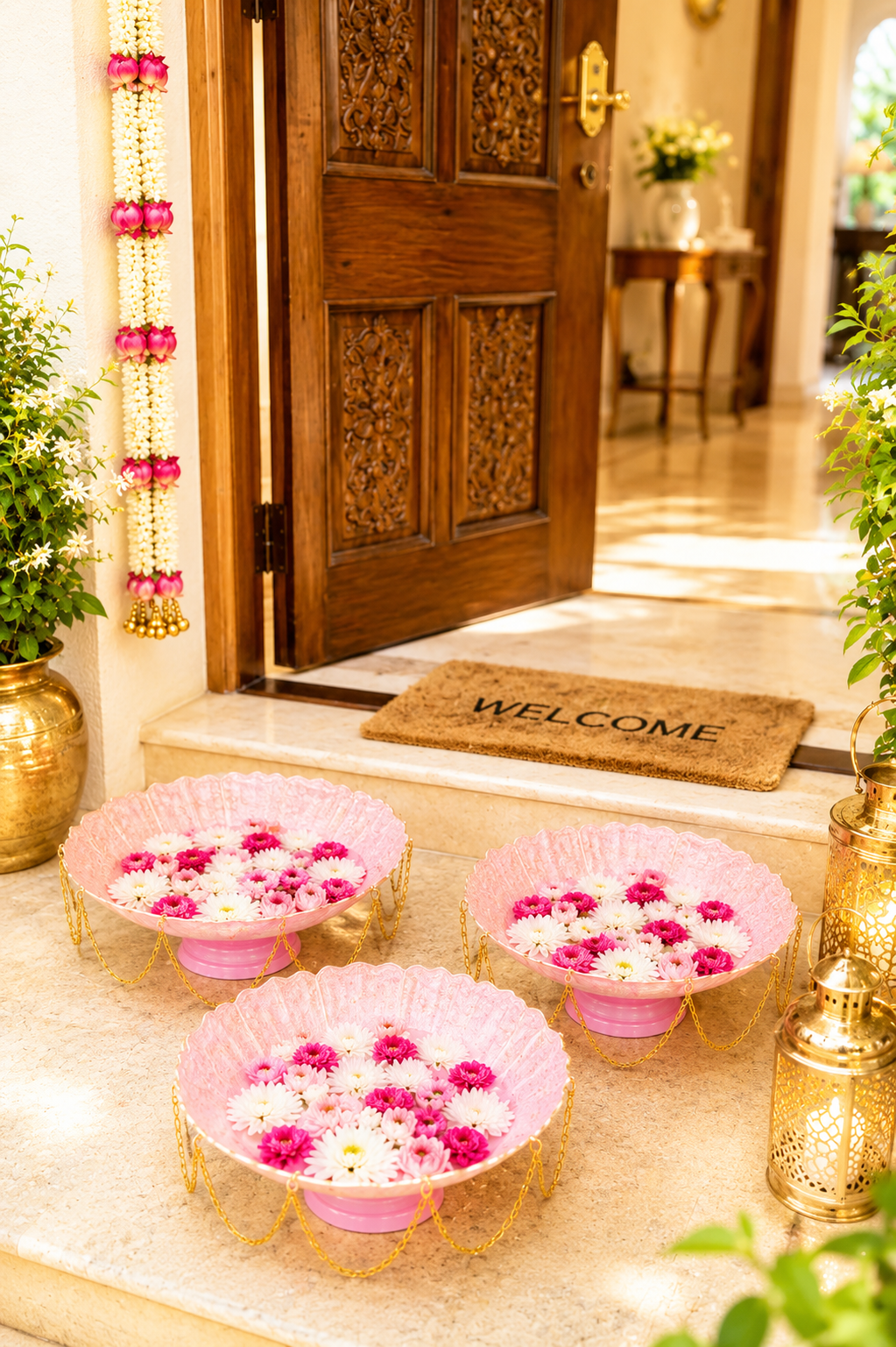 Premium Pink Lotus Urli Bowl Set of 3 with Decorative Chain | Handcrafted Metal Floating Flower Bowls for Water, Candles & Tea Lights | Decorative Urli for Diwali, Wedding, Pooja & Home Décor