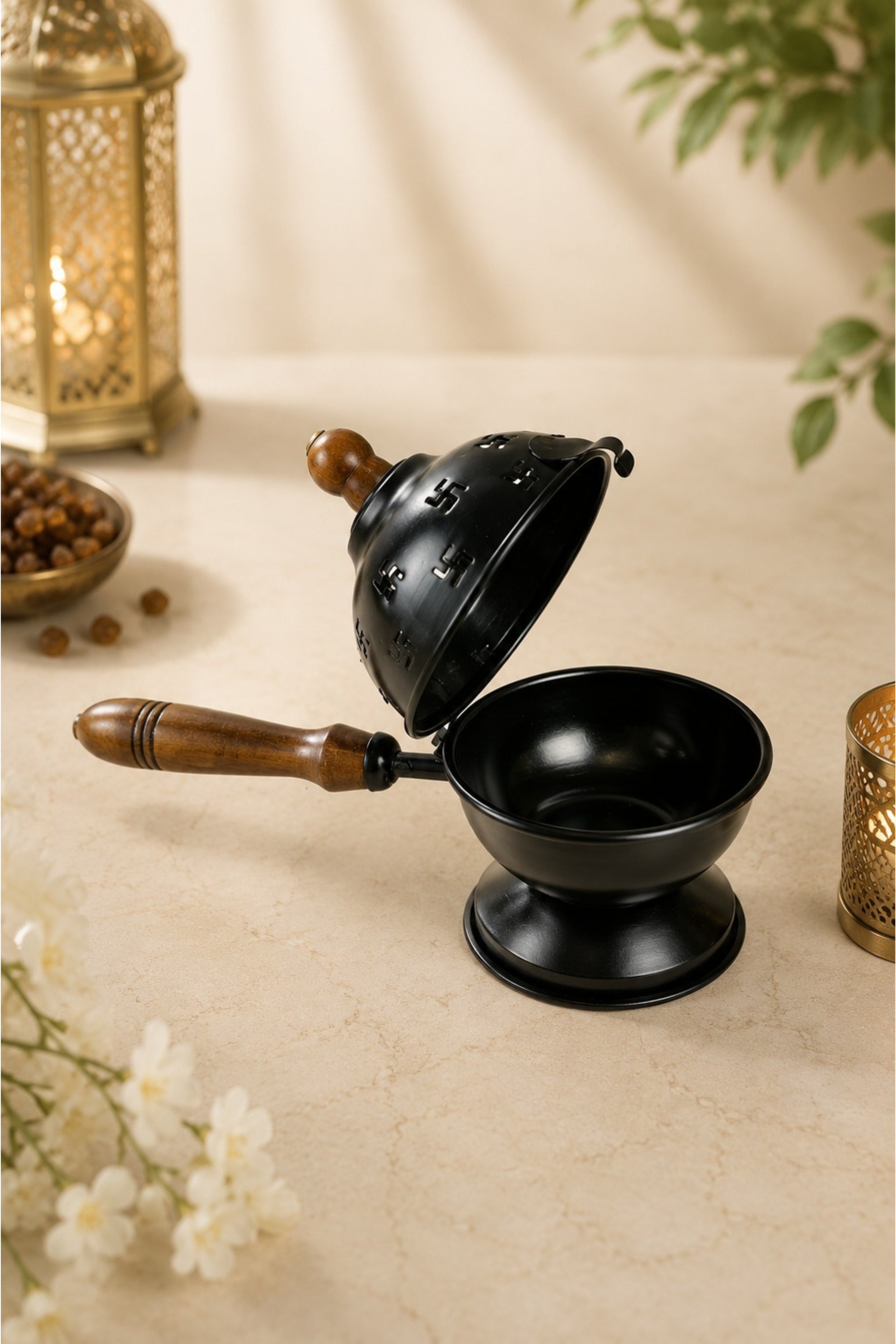 Premium Metal Loban Burner with Wooden Handle & 3 Free Loban Cups | Heat Resistant Incense Burner for Loban, Dhoop, Sambrani Cups, Bakhoor & Camphor | Home Temple, Meditation & Pooja Decor