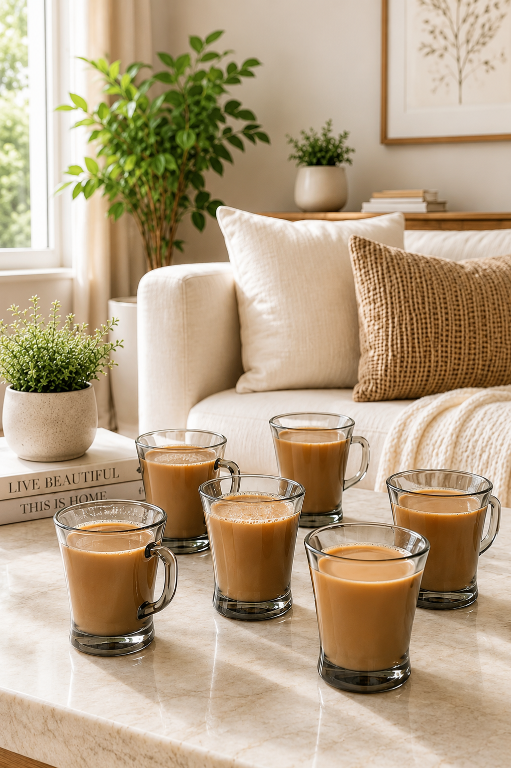 Premium Smokey Glass Mug Set Of 6 With Metal Stand | Transparent Borosilicate Coffee & Tea Cups With Holder | Space Saving Mug Stand For Kitchen & Home