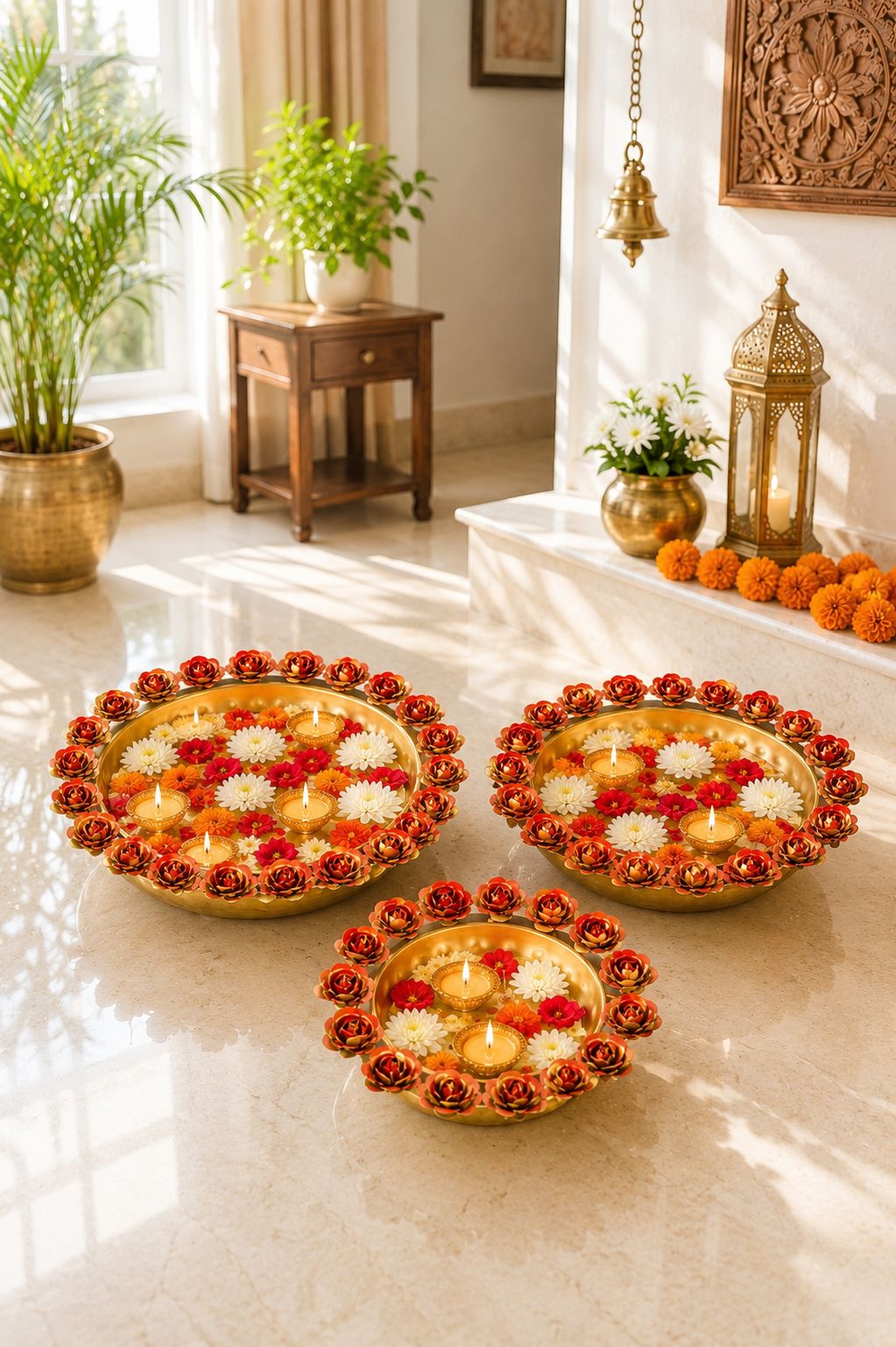 Premium Decorative Urli Bowl Set of 3 with Rose Rim Design | Hammered Metal Floating Flower Bowls for Water, Candles & Tea Lights | Diwali, Pooja, Wedding, Festival & Home Décor Centerpiece