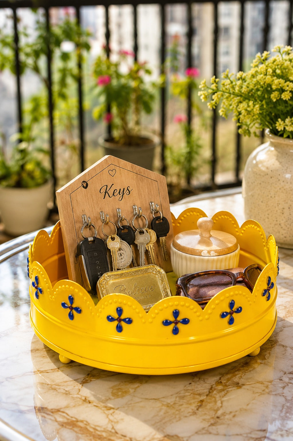 Premium Decorative Metal Round Tray (Yellow) | Yellow Multipurpose Gift Hamper Basket | Floral Serving Tray | Fruit, Cosmetics, Organizer & Home Decor Tray | 19 cm