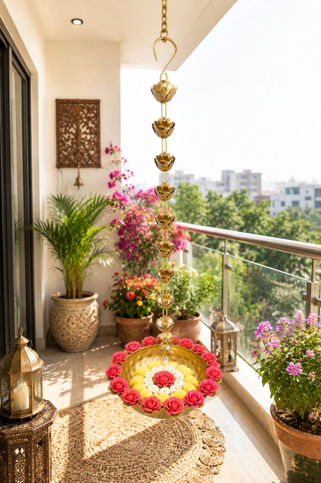 Premium Hanging Lotus Urli Bowl with Rose Rim Design | Decorative Metal Floating Flower Bowl with Lotus Chain | Hanging Urli for Water, Candles, Tea Lights, Diwali, Pooja, Wedding & Home Décor