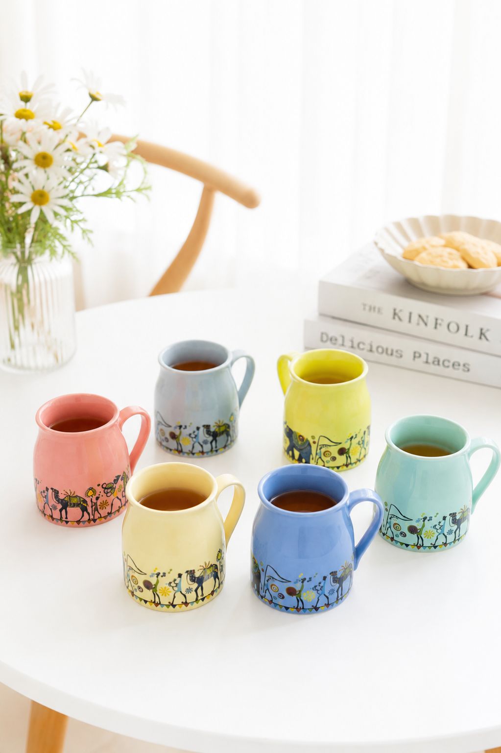 Printed Ceramic Coffee Mug Set Of 6 With Metal Stand | Designer Tea & Coffee Cups With Holder For Home, Kitchen, Office & Gifting