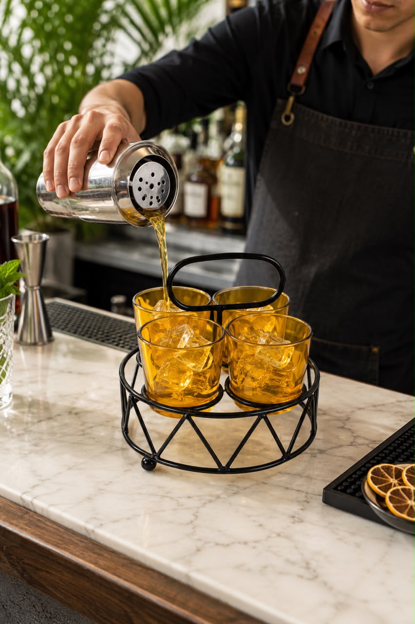 Shot Glass Set Of 4 With Metal Stand | Amber Glass Mini Shot Cups With Round Iron Holder | Dhaba Style Serving Set For Vodka Tequila Whiskey