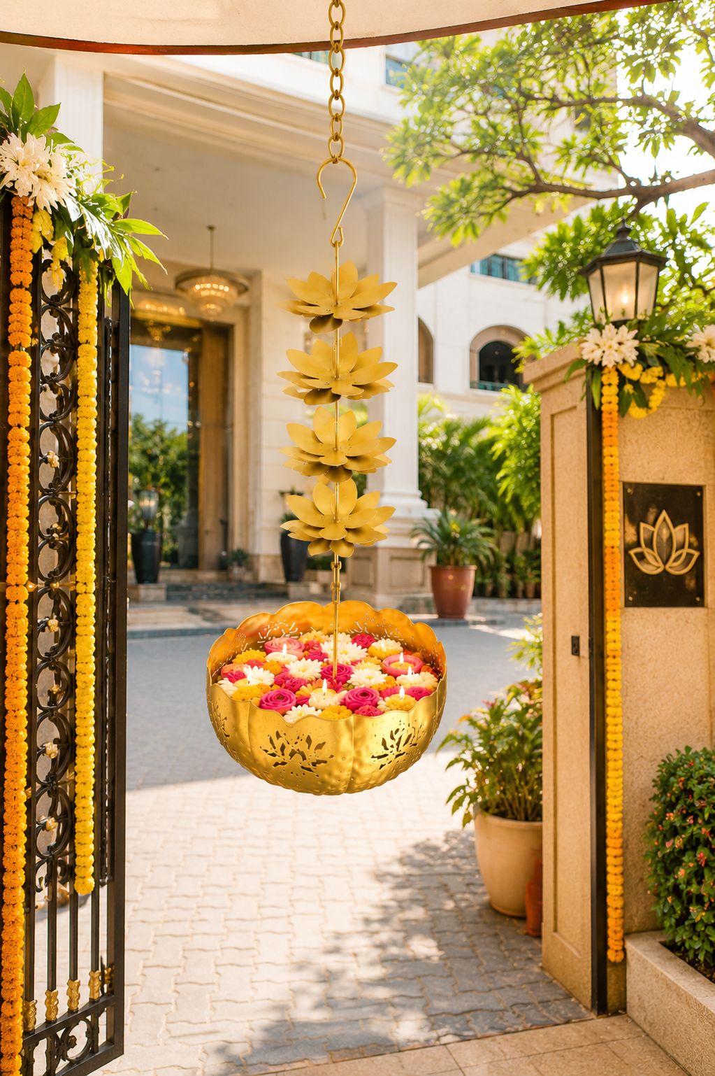 Premium Hanging Lotus Urli Bowl | Decorative Metal Hanging Flower Urli for Floating Flowers, Water & Candles | Traditional Hanging Urli for Diwali, Pooja, Wedding & Home Decoration