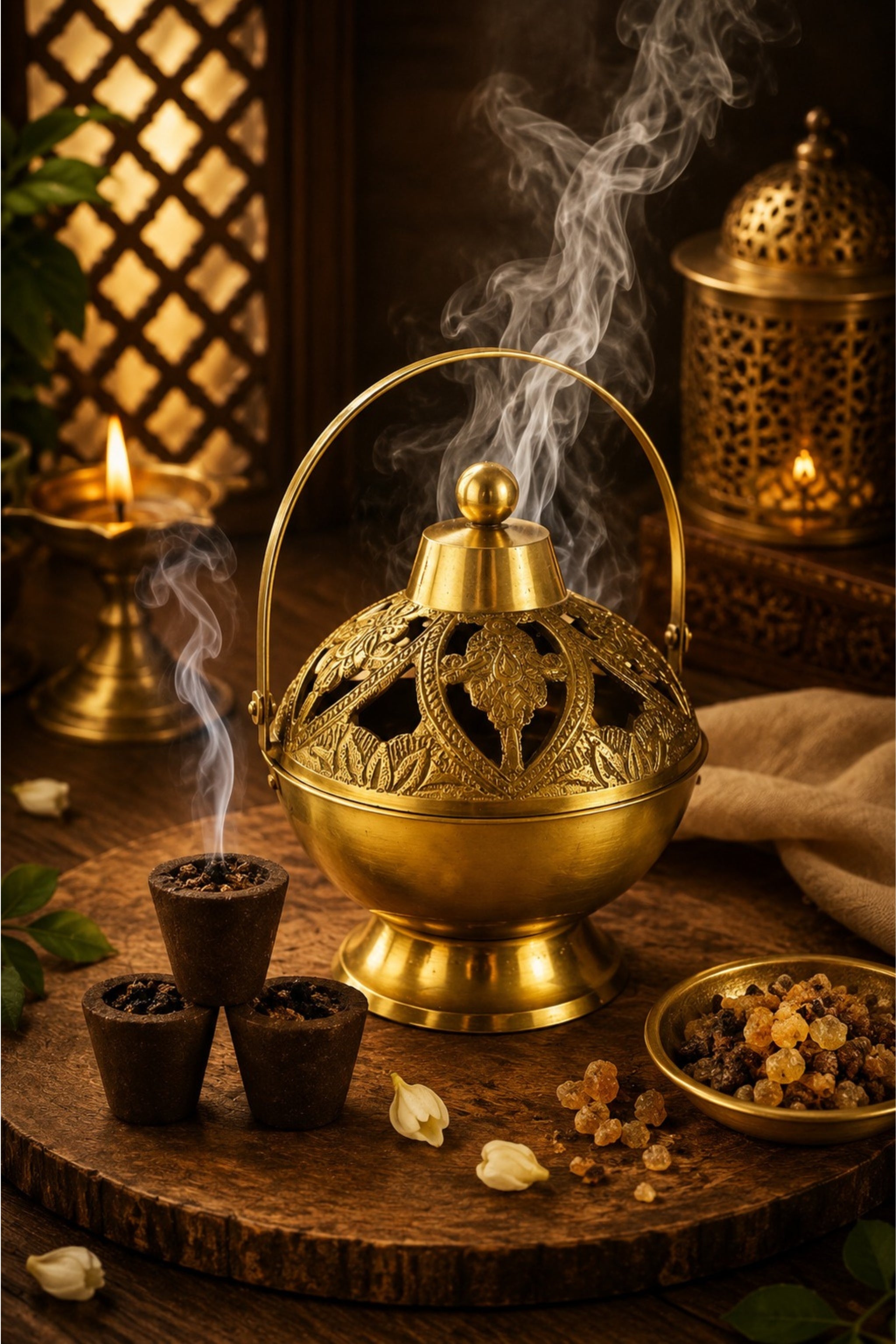 Premium Brass Metal Incense Burner with Handle | Handcrafted Dhoop Dani for Sambrani, Loban, Dhoop Cups & Resin Incense | Decorative Smoke Diffuser for Home, Temple & Pooja Room