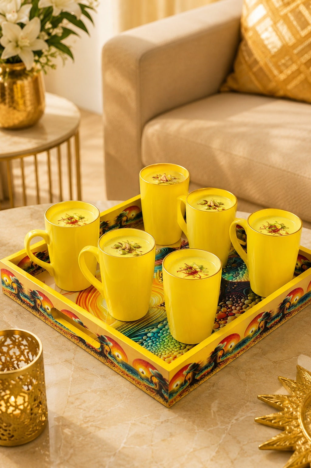 Premium 6 Yellow Glass Mug Set with Designer Serving Tray | Tea & Coffee Mug Set | Decorative Drinkware Set for Home, Office & Gifting