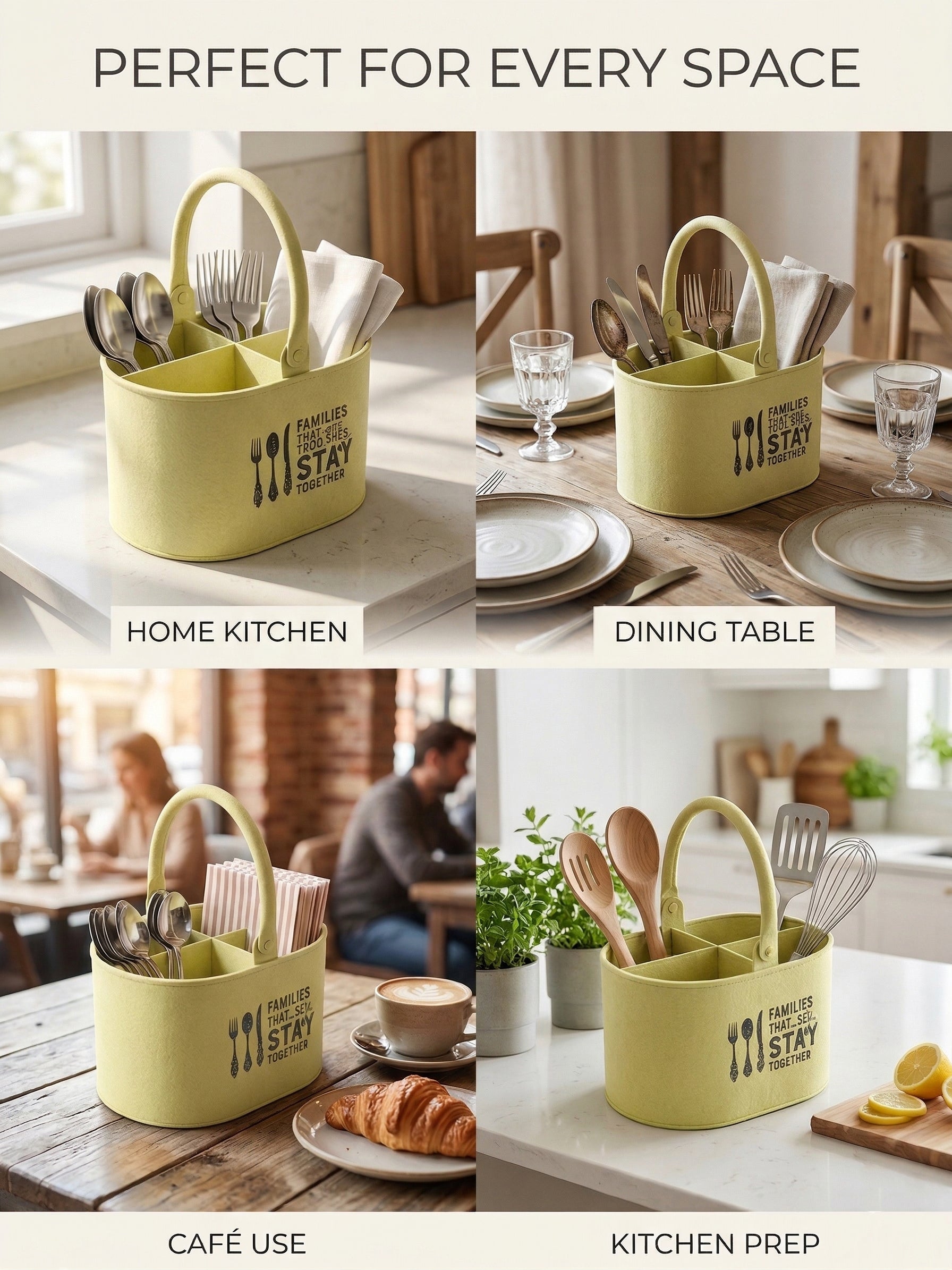 Premium Metal Cutlery Holder with Handle | 4 Compartment Utensil Caddy Basket Organizer | Portable Spoon, Fork, Knife & Napkin Stand for Kitchen, Dining Table & Home Storage