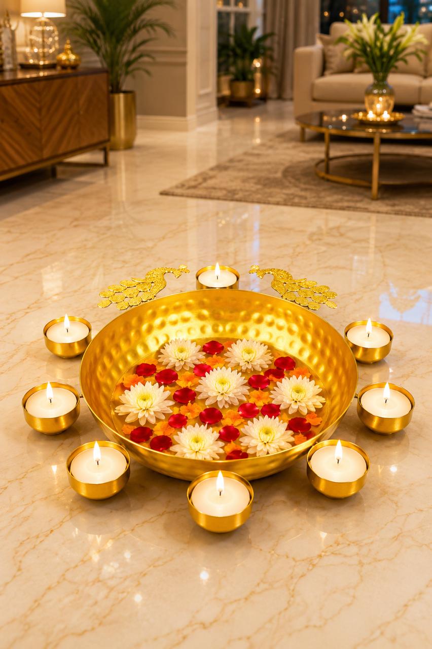 Premium Peacock Urli Bowl with 8 Tealight Holders | Decorative Metal Floating Flower Urli for Water, Candles & Tea Lights | Traditional Pooja Bowl for Diwali, Wedding, Home & Festive Decoration