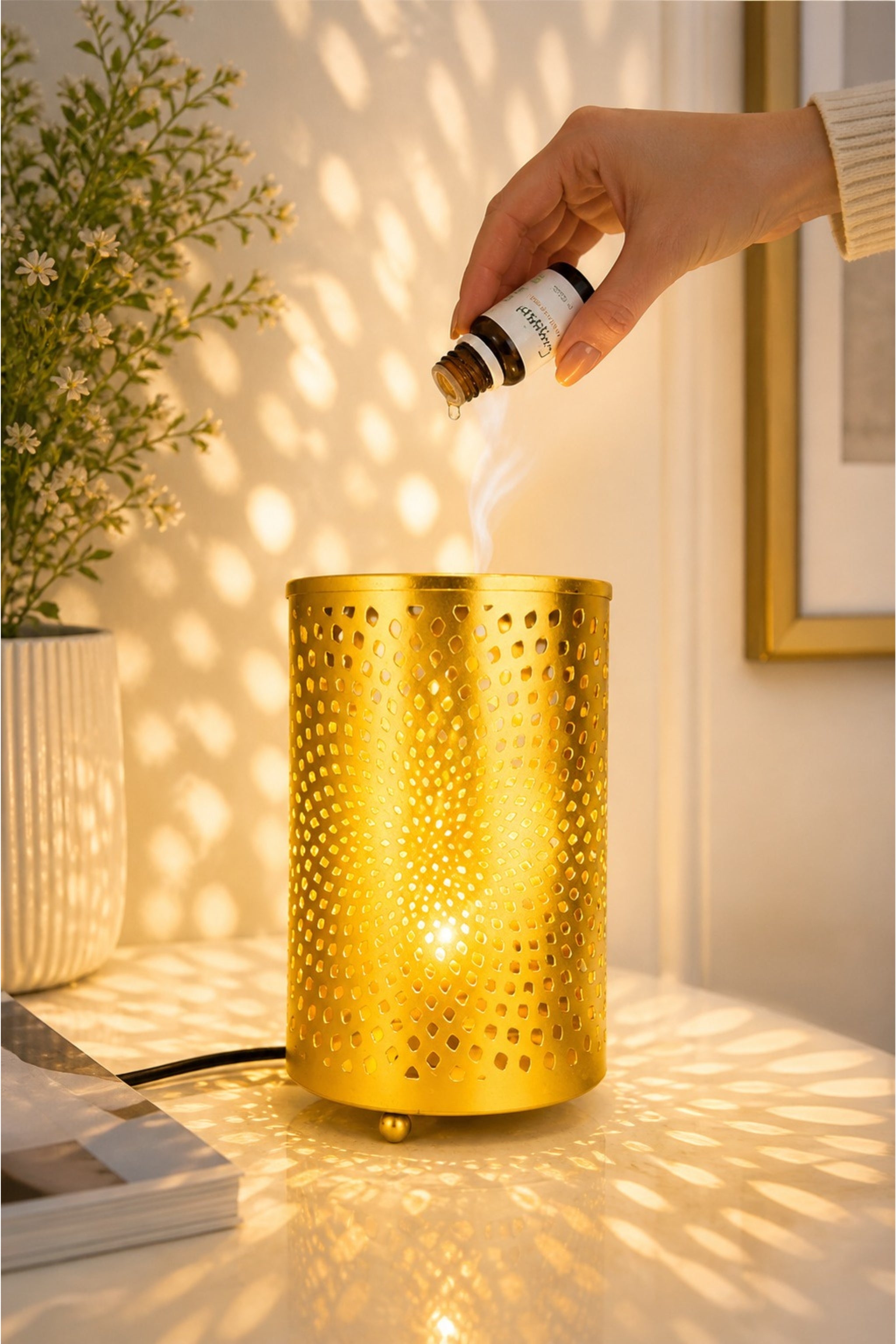 Modern Spiral Light Projection Electric Diffuser Lamp | Metal Aroma Burner with Warm Ambient Glow for Home Décor & Relaxation