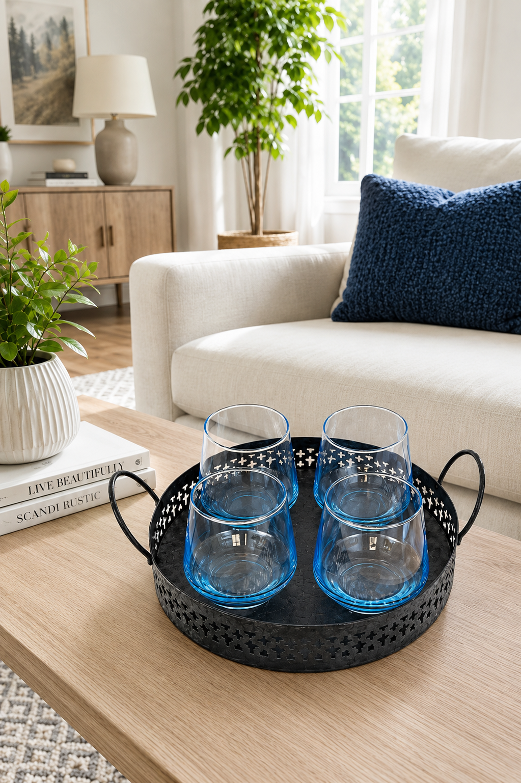 Premium Glass Drinkware Set with Metal Serving Tray | Set of 4 Whisky, Cocktail & Juice Glasses with Iron Stand | Elegant Beverage Serving Set for Home Bar, Parties & Dining