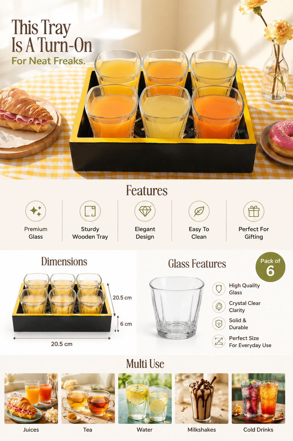 Premium Square Whiskey Glass Set with MDF Serving Tray | 6 Crystal Clear Heavy Base Drinking Glasses for Whisky, Scotch, Cocktails, Juice & Water | Elegant Drinkware Gift Set for Home Bar
