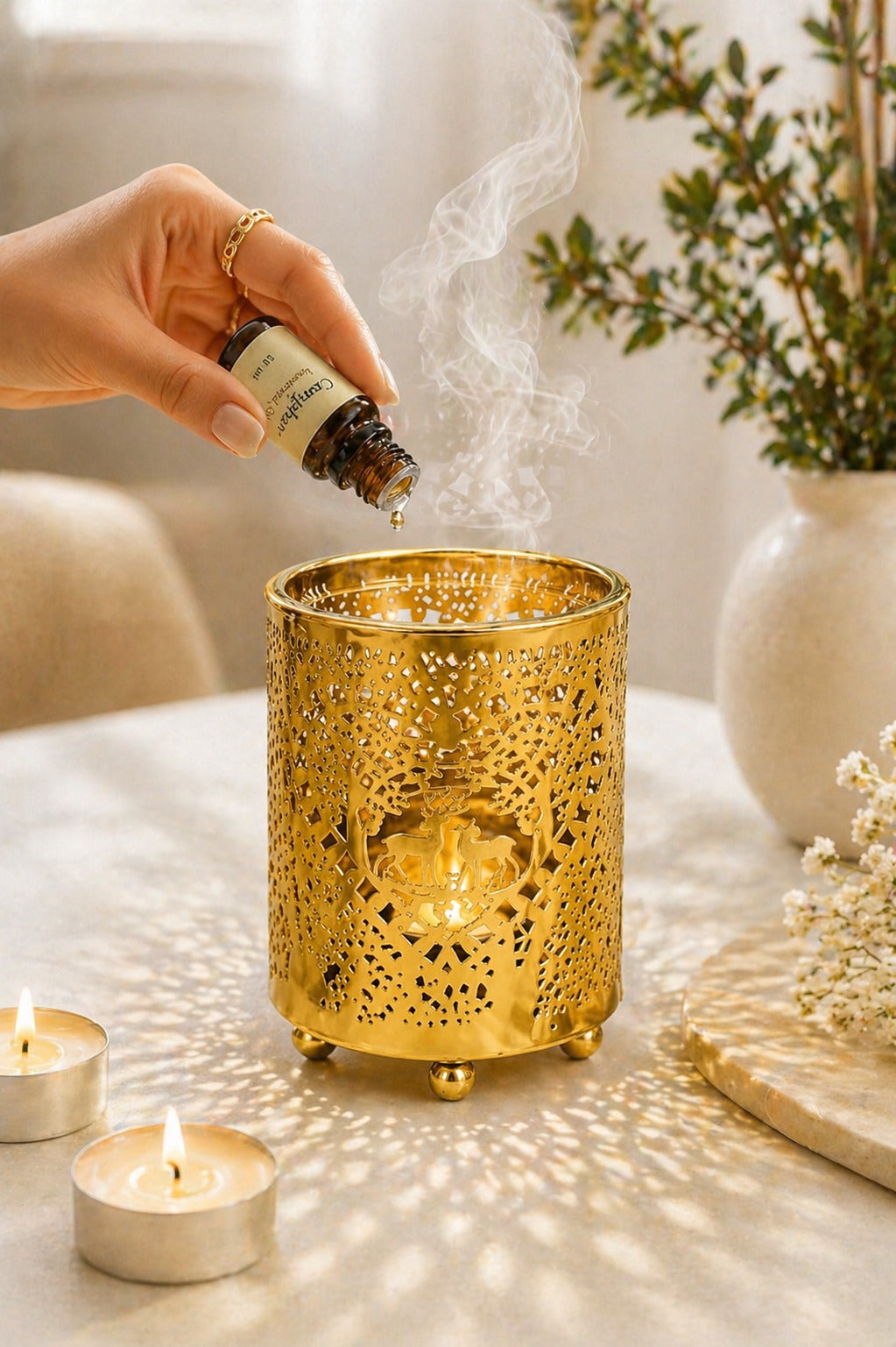 Premium Gold Metal Aroma Oil Burner Set with Tea Light Candles & Essential Oil | Designer Cutwork Candle Diffuser | Warm Ambient Fragrance Burner | Elegant Home Décor & Gifting Combo