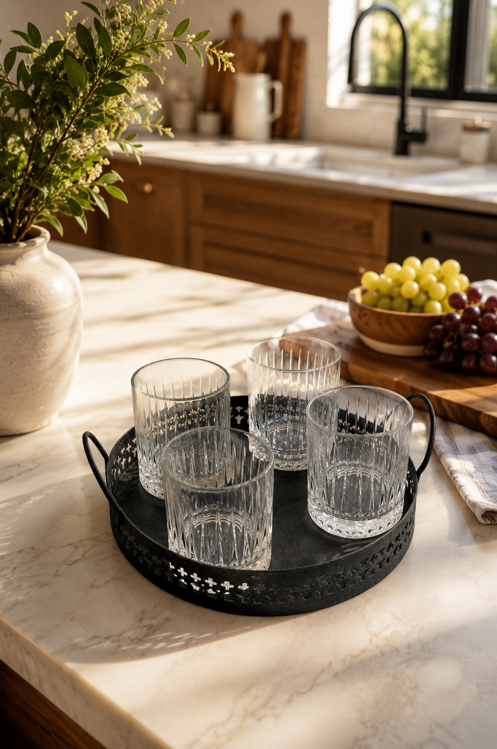 Premium Metal Serving Tray with 4 Crystal Glasses | Round Beverage Serving Set with Decorative Cutout Design & Side Handles | Tea, Juice, Water & Cocktail Glass Set for Home, Dining & Gifting