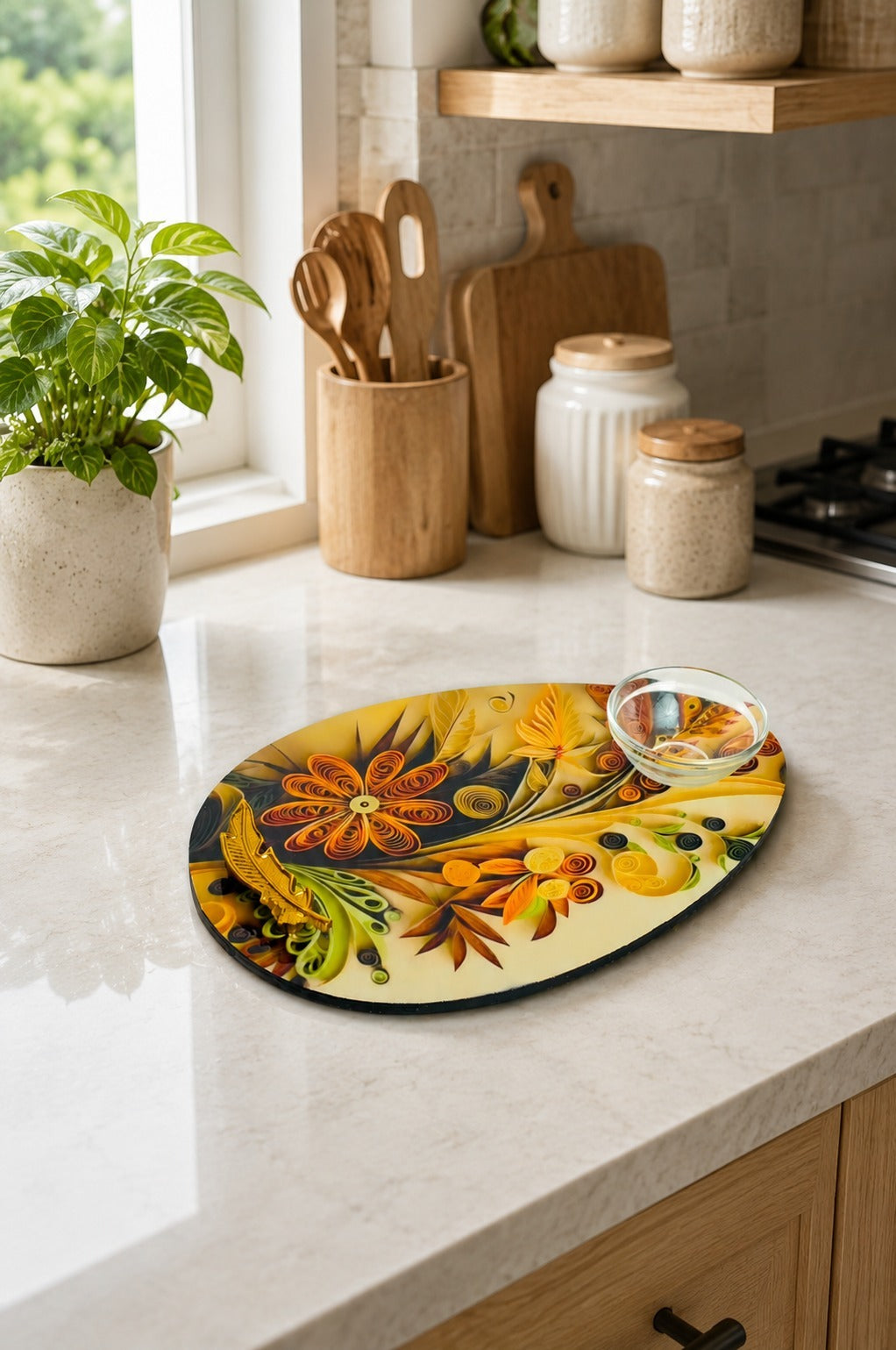 Premium MDF Snack Serving Platter with 2 Glass Dip Bowls | Decorative Serving Tray with Gold Feather Handles | Multipurpose Food Serving Board for Samosa, Momos, Fries, Nachos, Pizza & Snacks (Copy)
