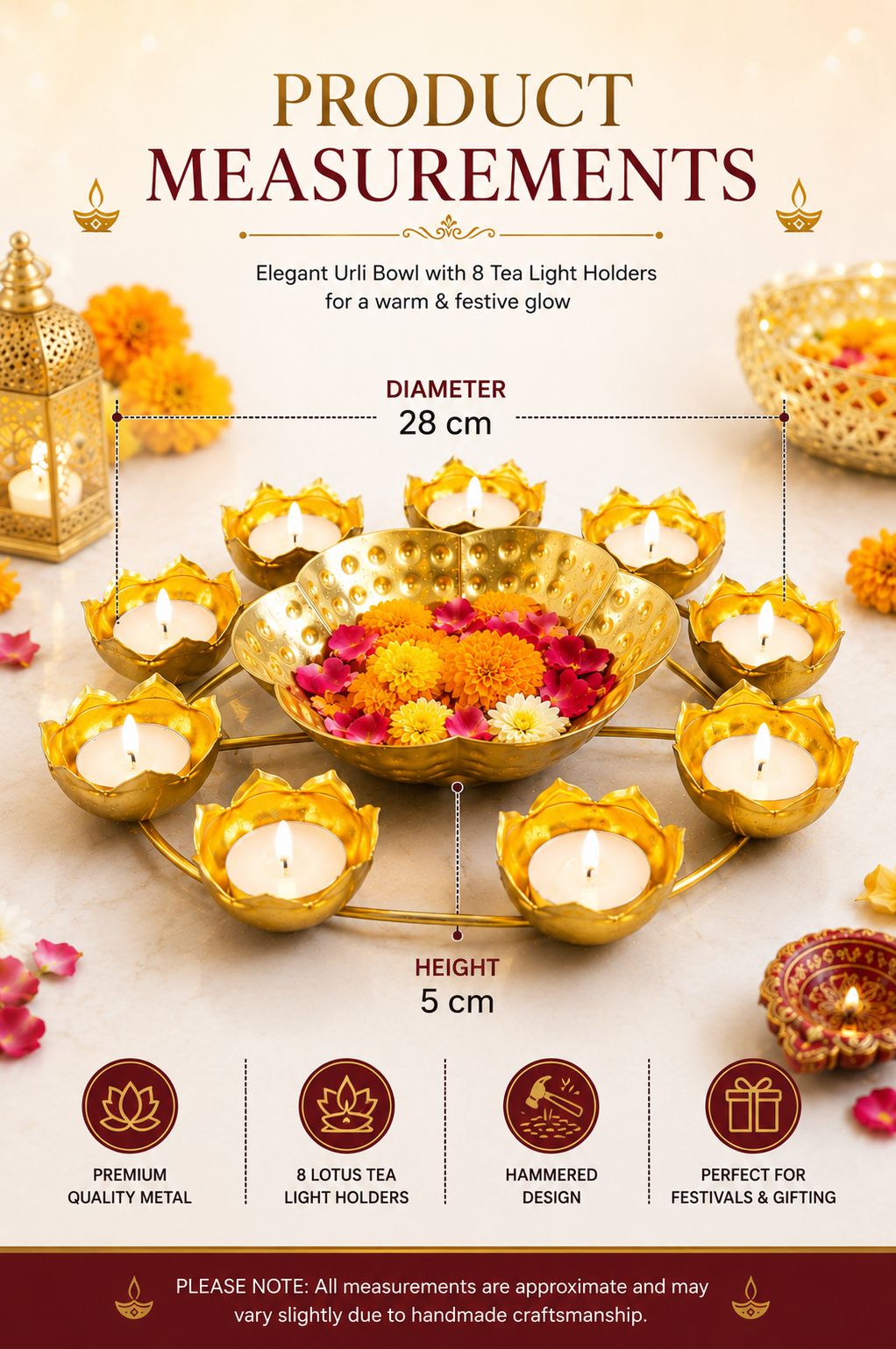 Premium Lotus Urli Bowl with 8 Tea Light Holders | Hammered Metal Decorative Floating Flower Bowl | Gold Finish Centerpiece for Diwali, Pooja, Weddings, Festivals, Home Décor & Gifting