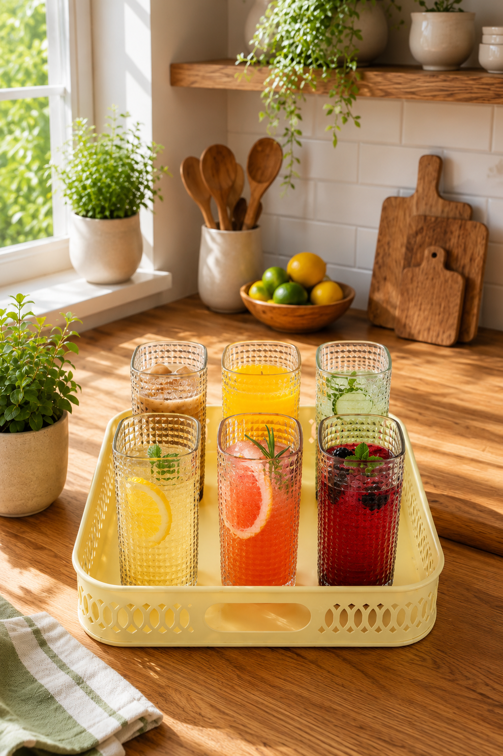 Premium Textured Glass Tumbler Set with Metal Serving Tray | 6 Smoke Grey Drinking Glasses & Decorative Metal Tray for Water, Juice, Cocktails, Mocktails & Everyday Serving