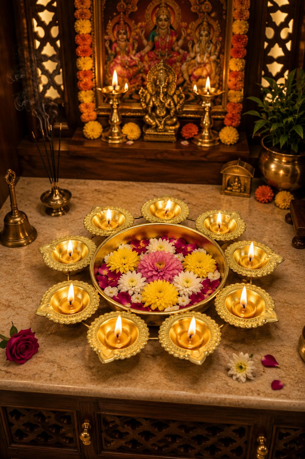 Premium Iron Urli with 8 Diya Holders | Decorative Metal Floating Flower Bowl for Water, Candles & Rangoli | Traditional Urli for Diwali, Pooja, Wedding, Festivals & Home Decoration