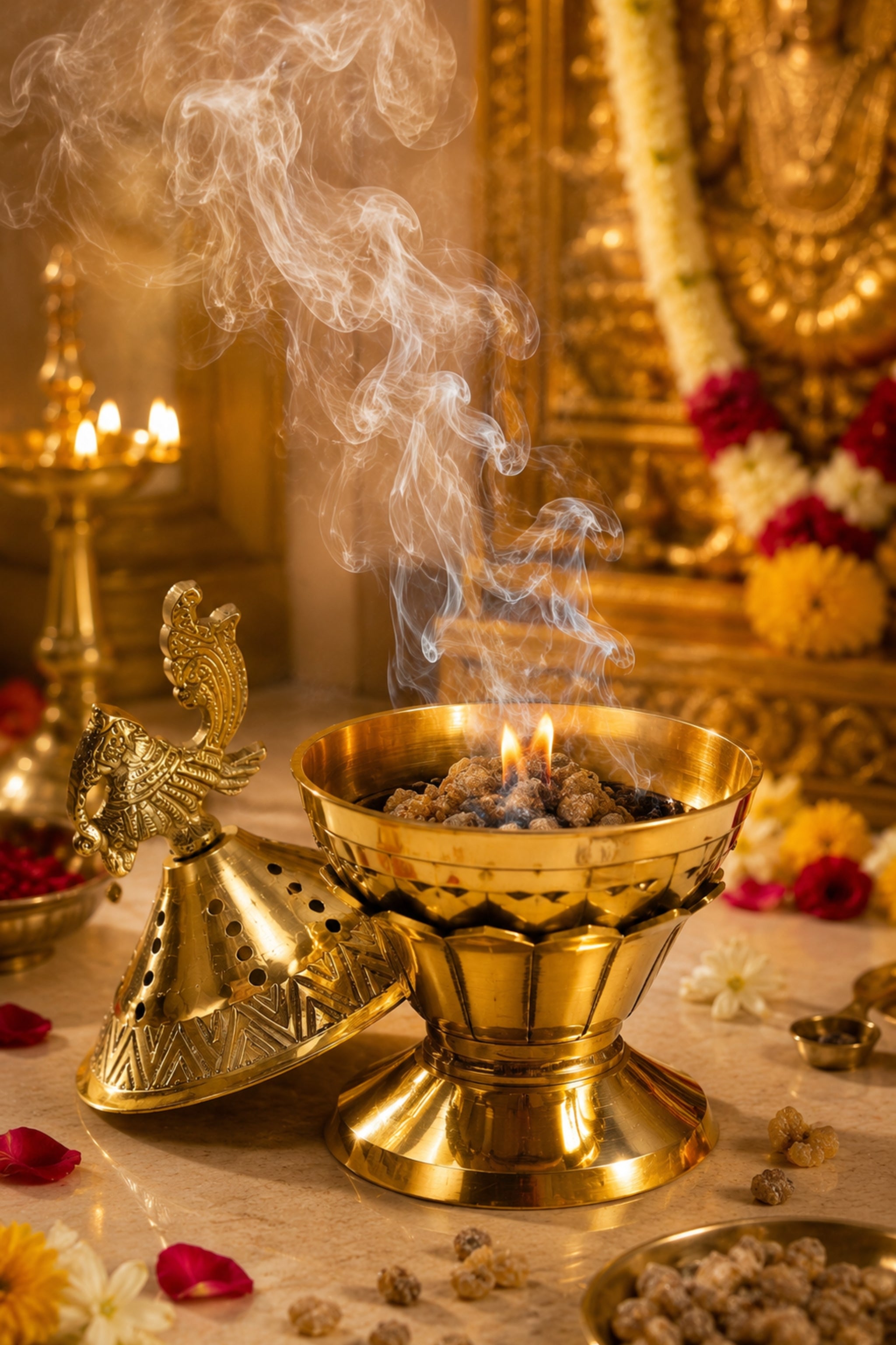 Brass Loban Incense Burner | Peacock Design Dhoop Dani Dhuni Sambrani Bakhoor Burner | Decorative Incense Holder for Home & Temple