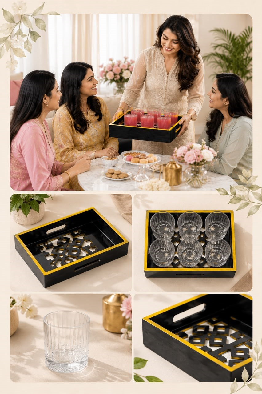 Premium Wooden Serving Tray with 6 Glasses Set | Black & Gold Serving Tray with Premium Glass Tumblers | Tea, Juice, Whisky, Water, Cocktail & Mocktail Serving Set | Home, Office, Party & Gift