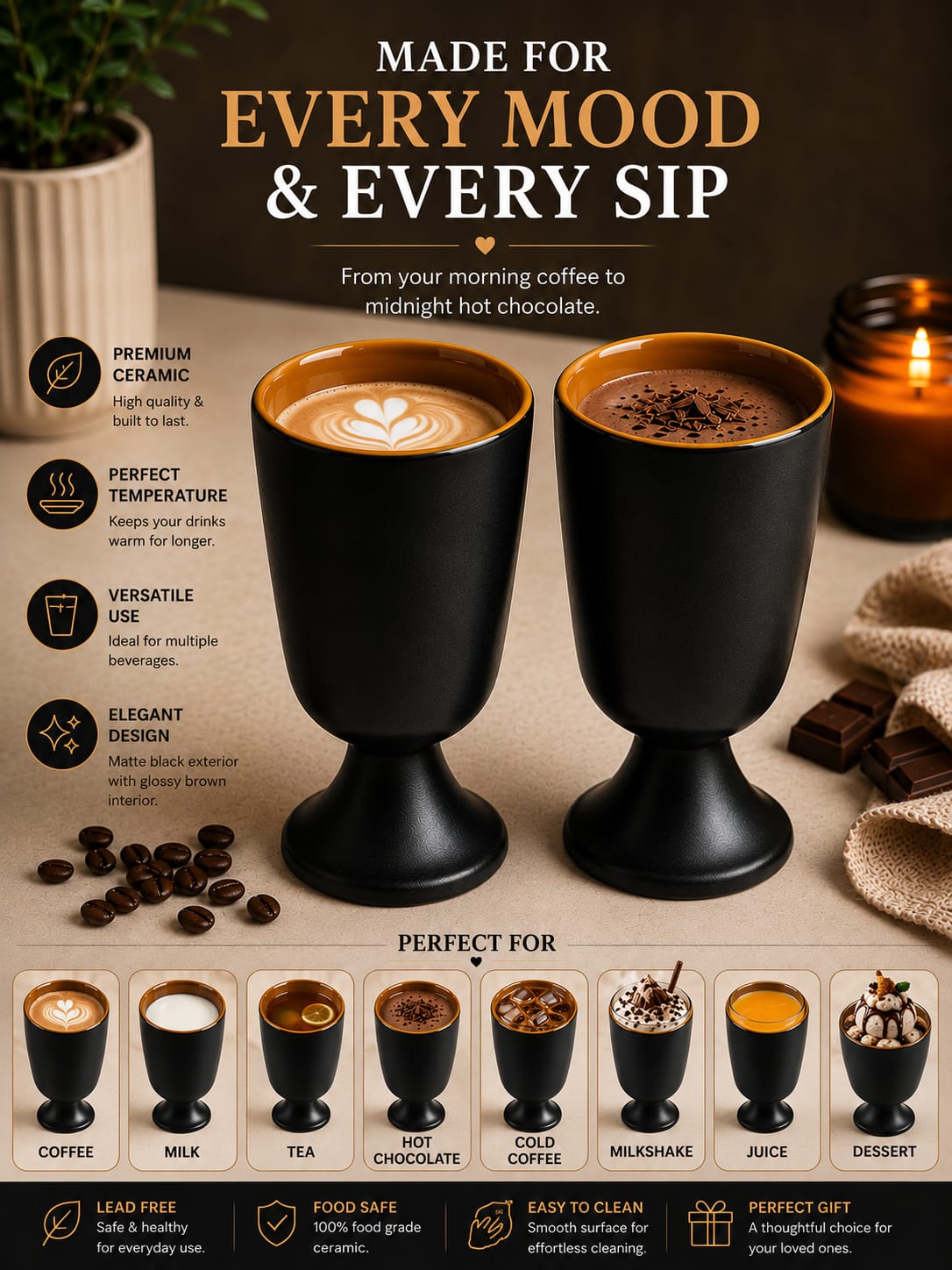 Set of 2 Modern Ceramic Goblet Glasses 250 ml | Matte Black Stemmed Drinking Cups with Glossy Brown Interior | Premium Ceramic Cups for Coffee Tea Milk Hot Chocolate Juice & Cold Beverages