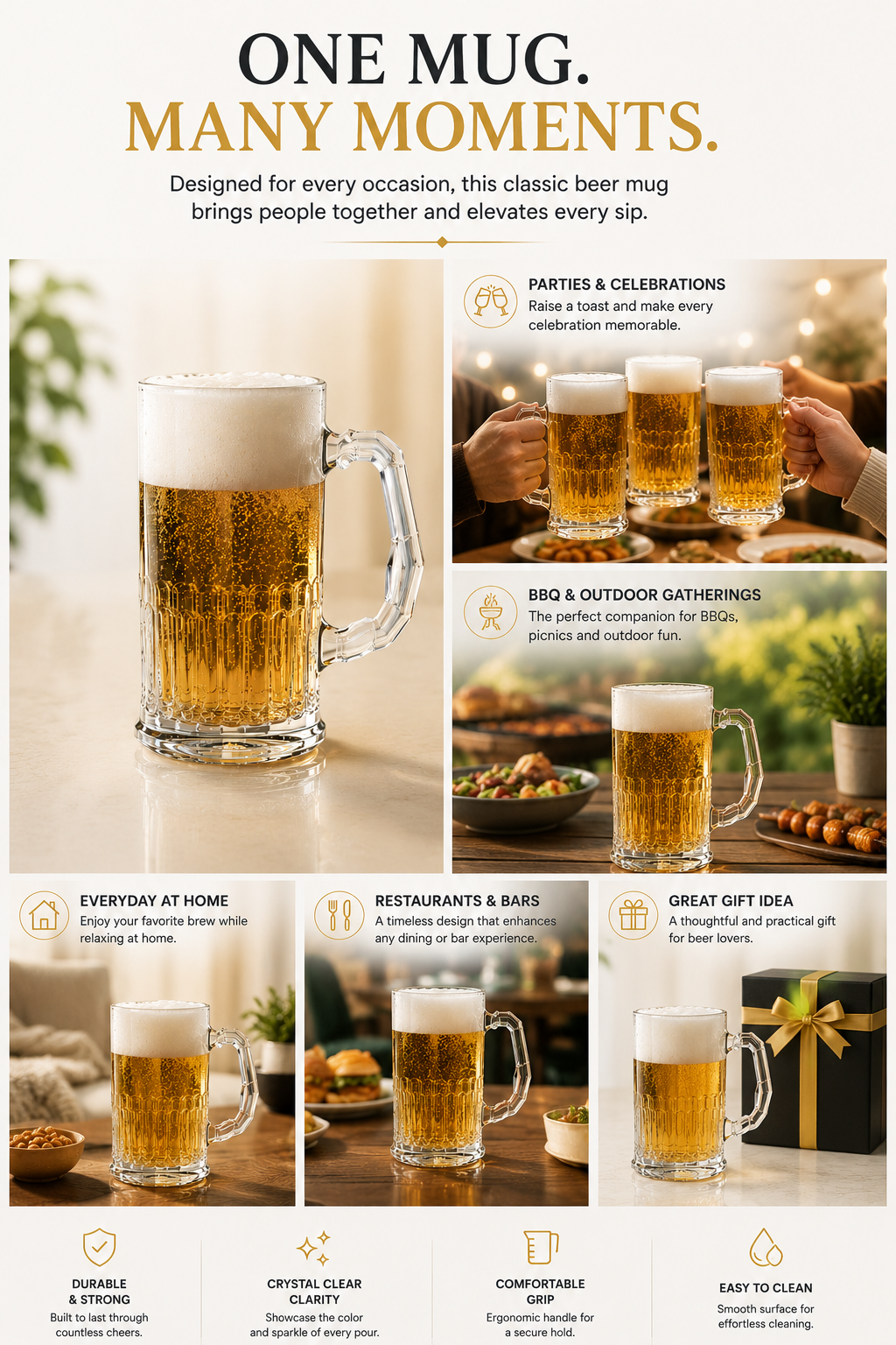 Premium Glass Beer Mug 600 ML | Heavy Thick Beer Stein with Handle | Frosted Style Large Beer Glass for Beer, Water, Juice & Drinks | Lead-Free Durable Mug
