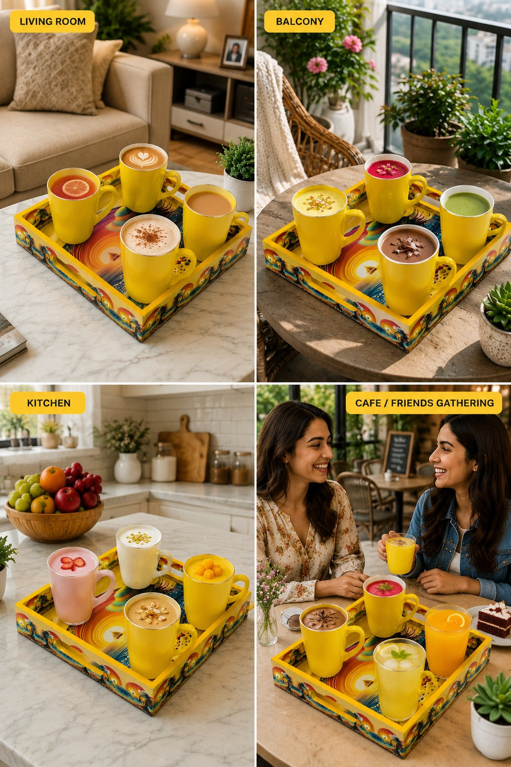 Set of 4 Yellow Glass Coffee Mugs with Designer Serving Tray | Premium Tea Coffee Cup Set | Decorative Serving Set for Home Kitchen & Gifting
