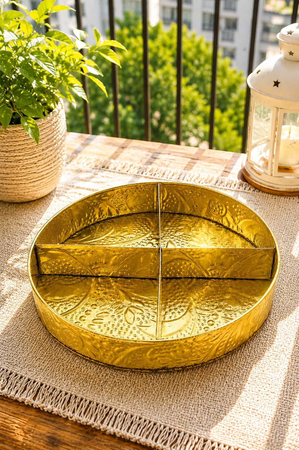 Premium Brass Dry Fruit Serving Tray with 4 Compartments | Round Brass Snack Platter | Dry Fruit, Namkeen, Candy & Mukhwas Organizer | Decorative Serving Tray | Festive Gift