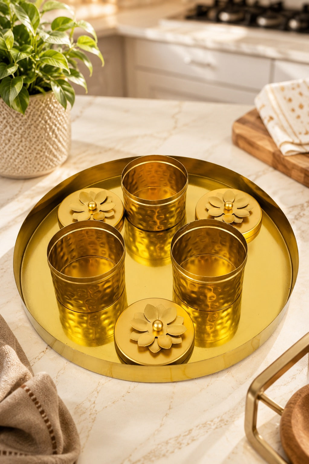 Premium 3 Piece Metal Storage Container Set with Round Serving Tray | Decorative Gold Canister Set for Dry Fruits, Snacks, Mukhwas & Kitchen Storage | Elegant Organizer for Home & Gifting