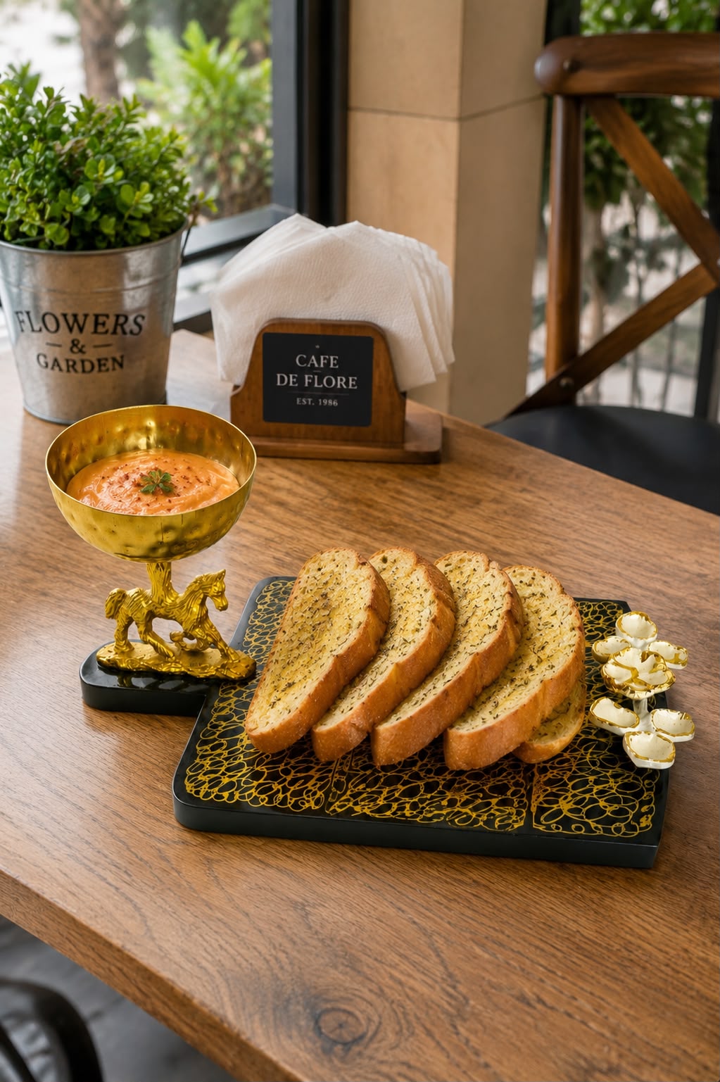 Premium MDF Serving Platter with Golden Horse Dip Bowl | Decorative Snack Serving Board | Burger, Fries, Pizza & Appetizer Serving Tray | Luxury Food Serving Platter | Black & Gold