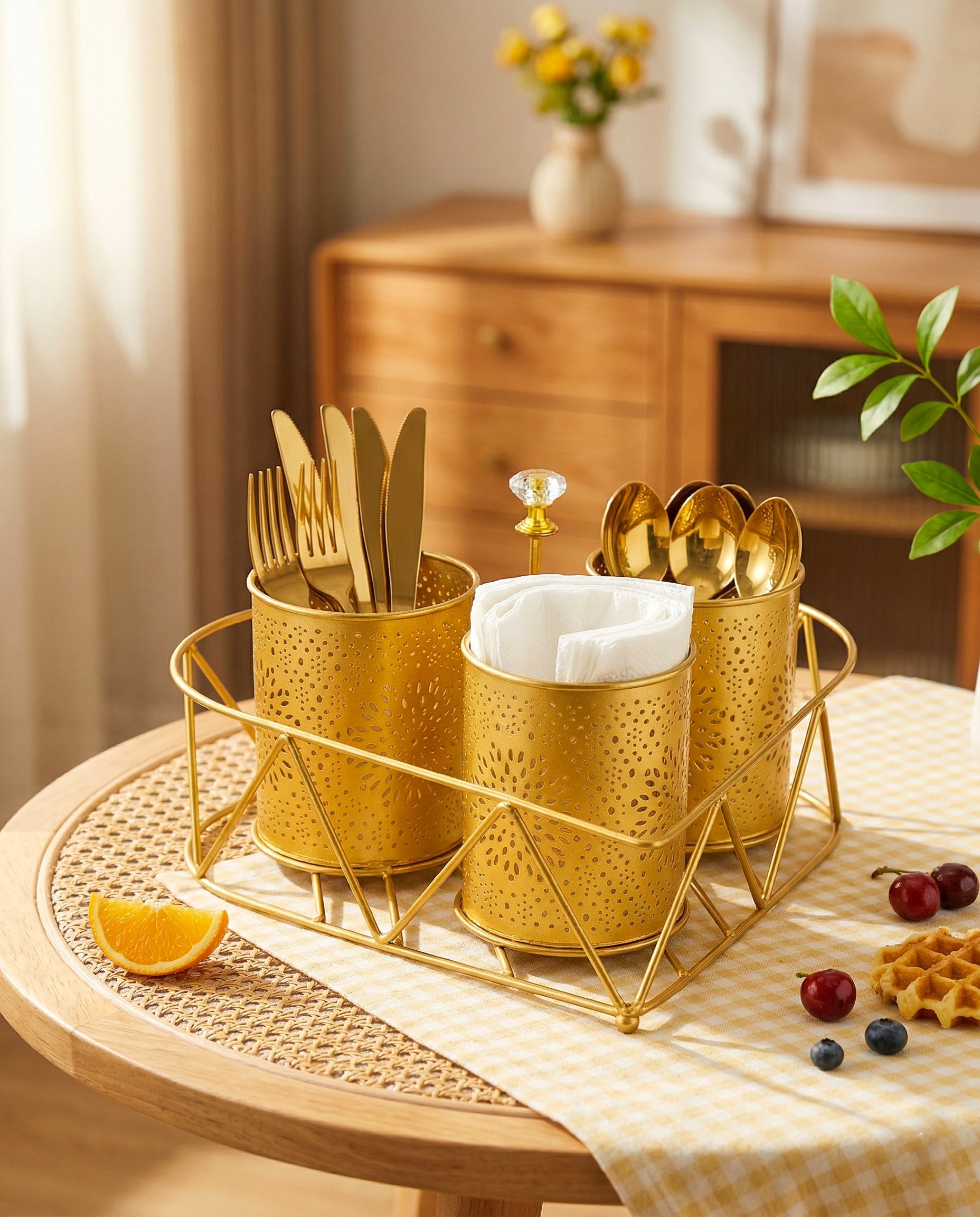 Premium 3-Compartment Metal Cutlery & Napkin Holder | Elegant Gold Finish Galvanized Organizer with Stand | Spoon, Fork, Knife & Tissue Storage for Dining Table & Kitchen Décor