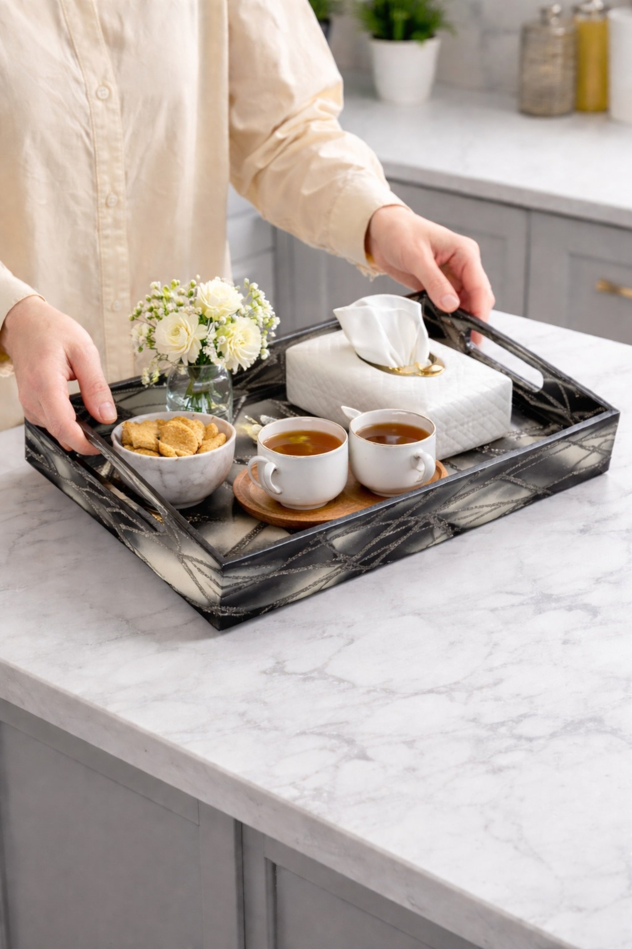 Premium Designer Serving Tray Set of 3 with Cutout Handles | Decorative Wooden Serving Trays for Tea, Coffee, Breakfast, Snacks & Home Décor | Multipurpose Nesting Tray Set for Kitchen, Dining & Coffee Table