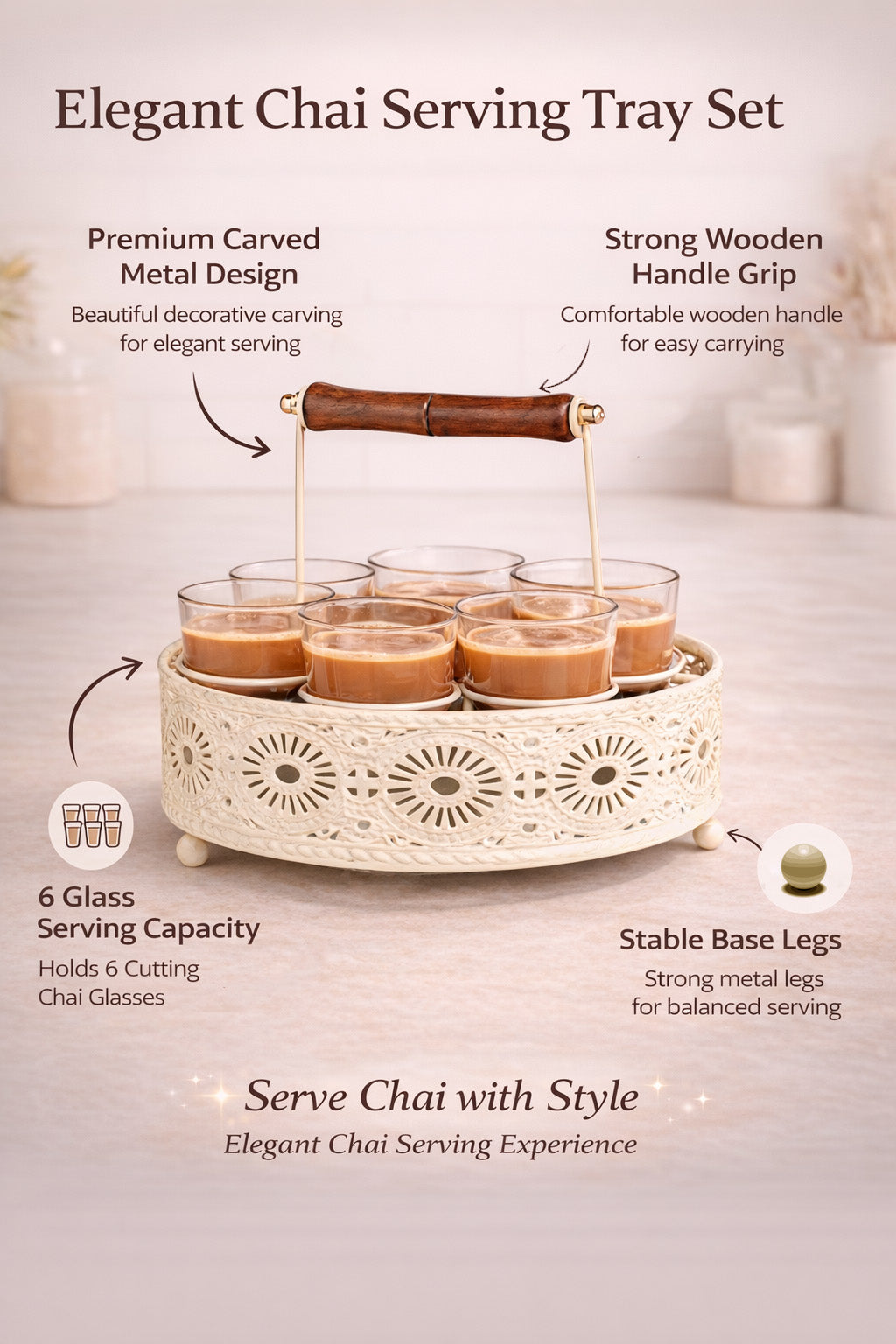 Premium Cutting Chai Glass Set of 6 with Metal Stand | Traditional Indian Tea Glasses with Heavy Brown Holder | Tapri Style Chai Cups for Home, Café, Restaurant & Kitchen Use