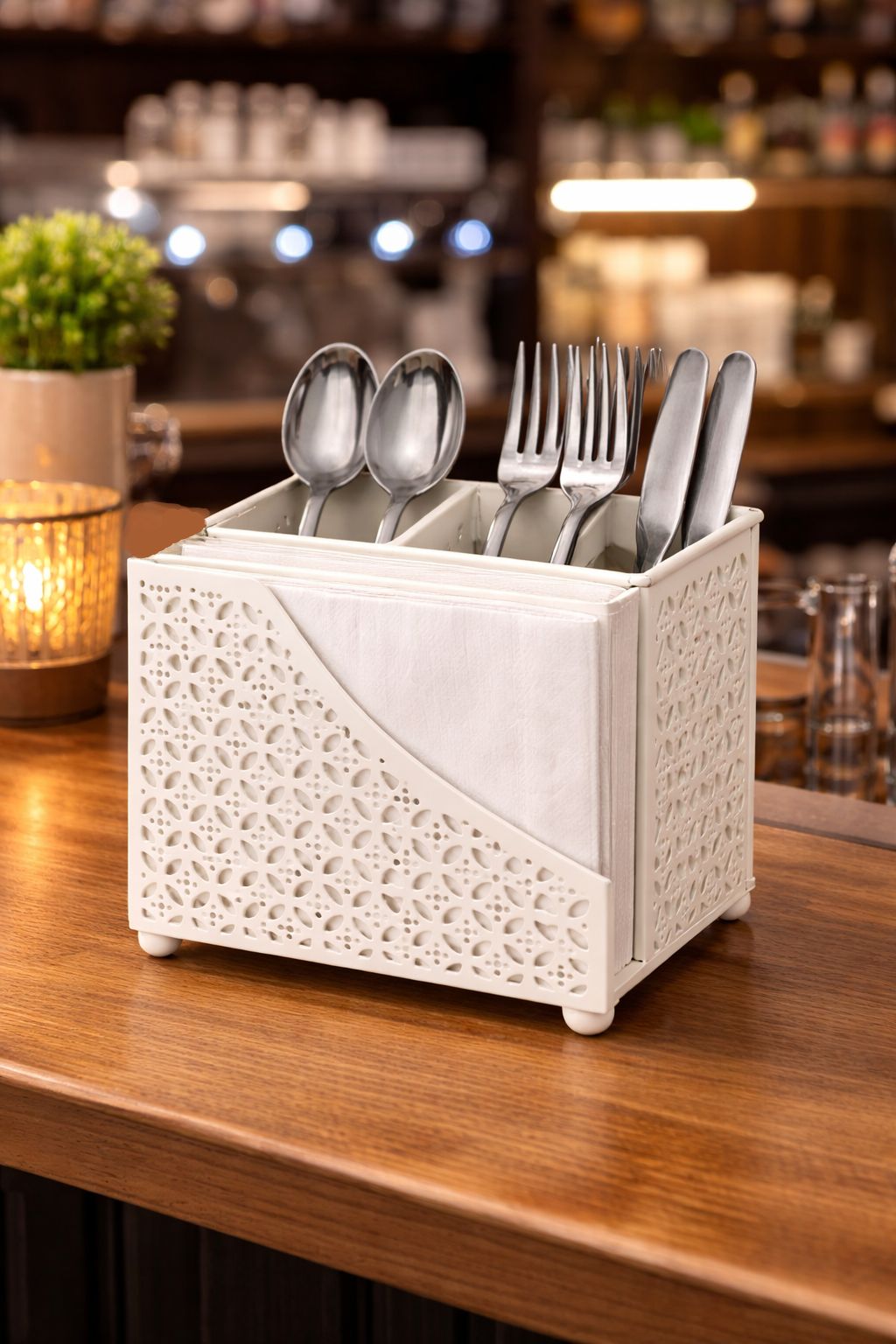 Premium 2-in-1 Cutlery & Napkin Holder | Elegant Cream Metal Organizer with Laser Cut Floral Design | Tabletop Storage for Spoons, Forks, Knives & Tissue | Kitchen & Dining Decor